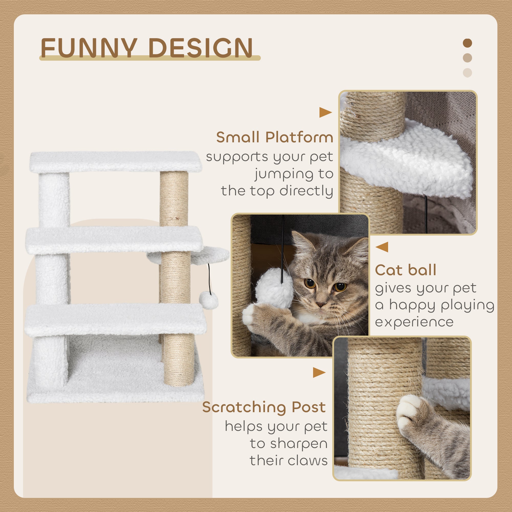 PawHut Pet Stair with 3-step Climb Ladder, Scratching Posts, Platforms, Toy Ball, for Indoor Elderly Cats Kittens, White - North Peak Garden Furniture