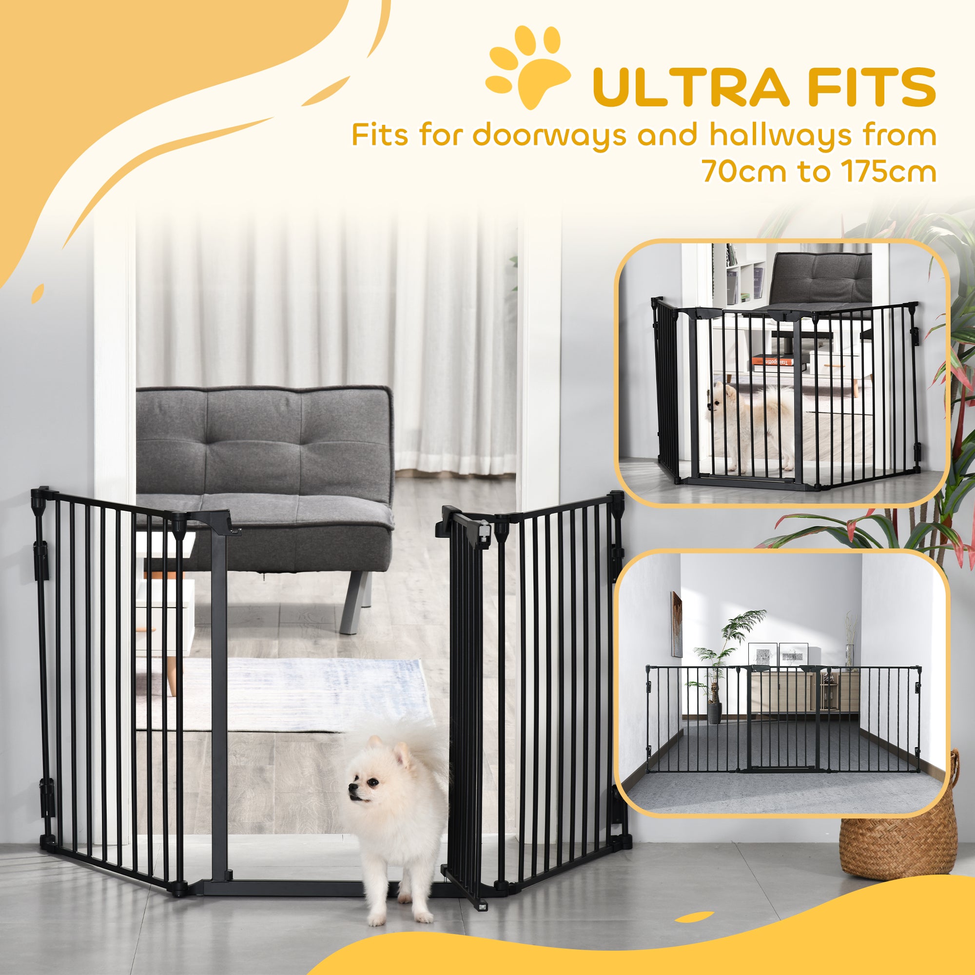 PawHut Pet Safety Gate, 3 Panels Playpen Fireplace, Metal Fence, Stair Barrier, Room Divider w/ Walk-Through Door - Black - North Peak Garden Furniture