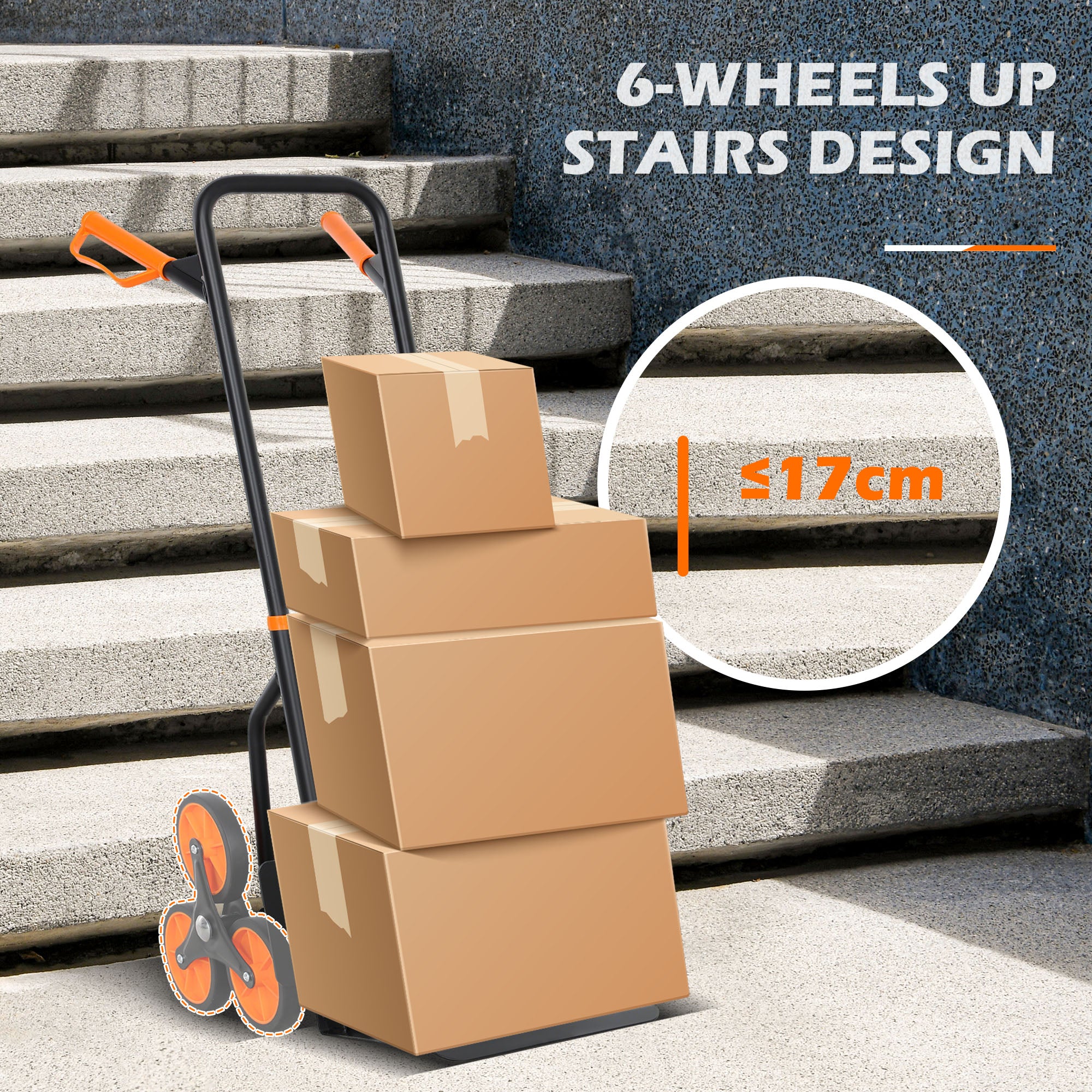 DURHAND Steel Climbing Stairs Trolley Hand Trucks 6-Wheels Foldable Load Cart 120kg, Orange - North Peak Garden Furniture