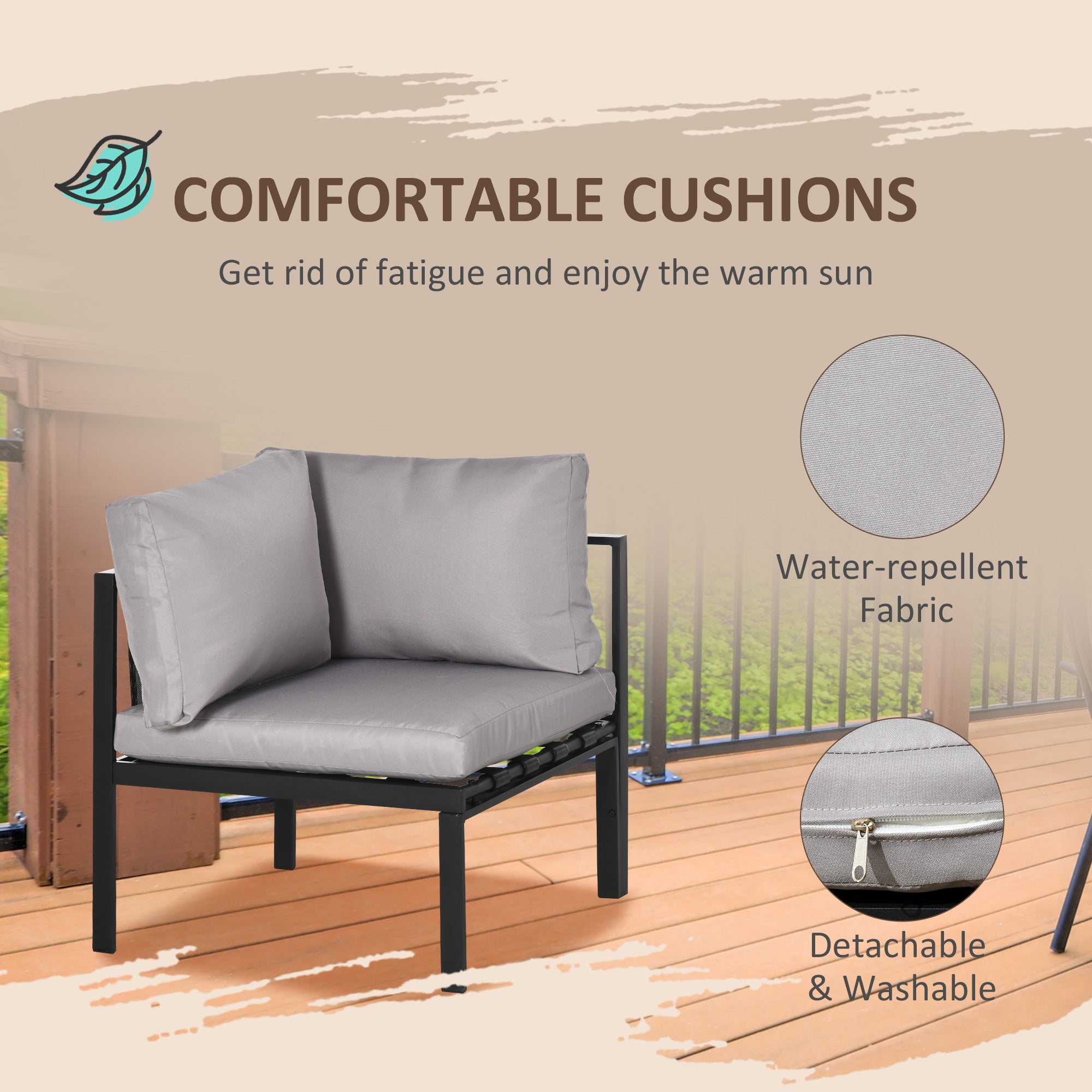 Outsunny 4 Piece Metal Garden Furniture Set with Tempered Glass Coffee Table, Breathable Mesh Pocket, Outdoor Conversational Corner Sofa Loveseat with Padded Cushions, Light Grey - North Peak Garden Furniture