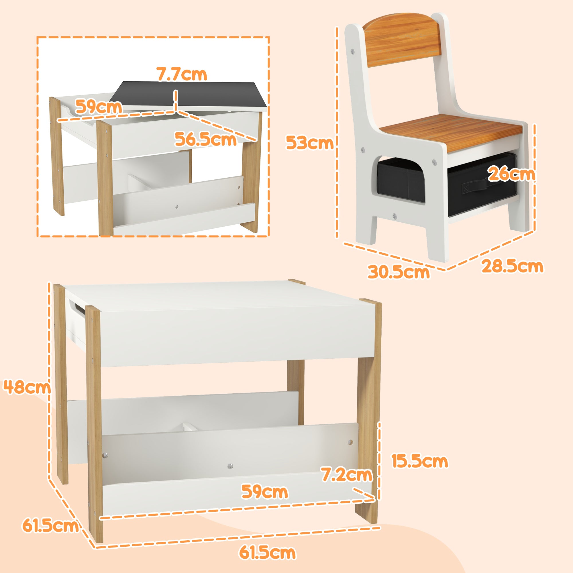 HOMCOM Three-Piece Kids Table and Chair Set with Blackboard, Storage, Bookshelves - Natural Wood - North Peak Garden Furniture