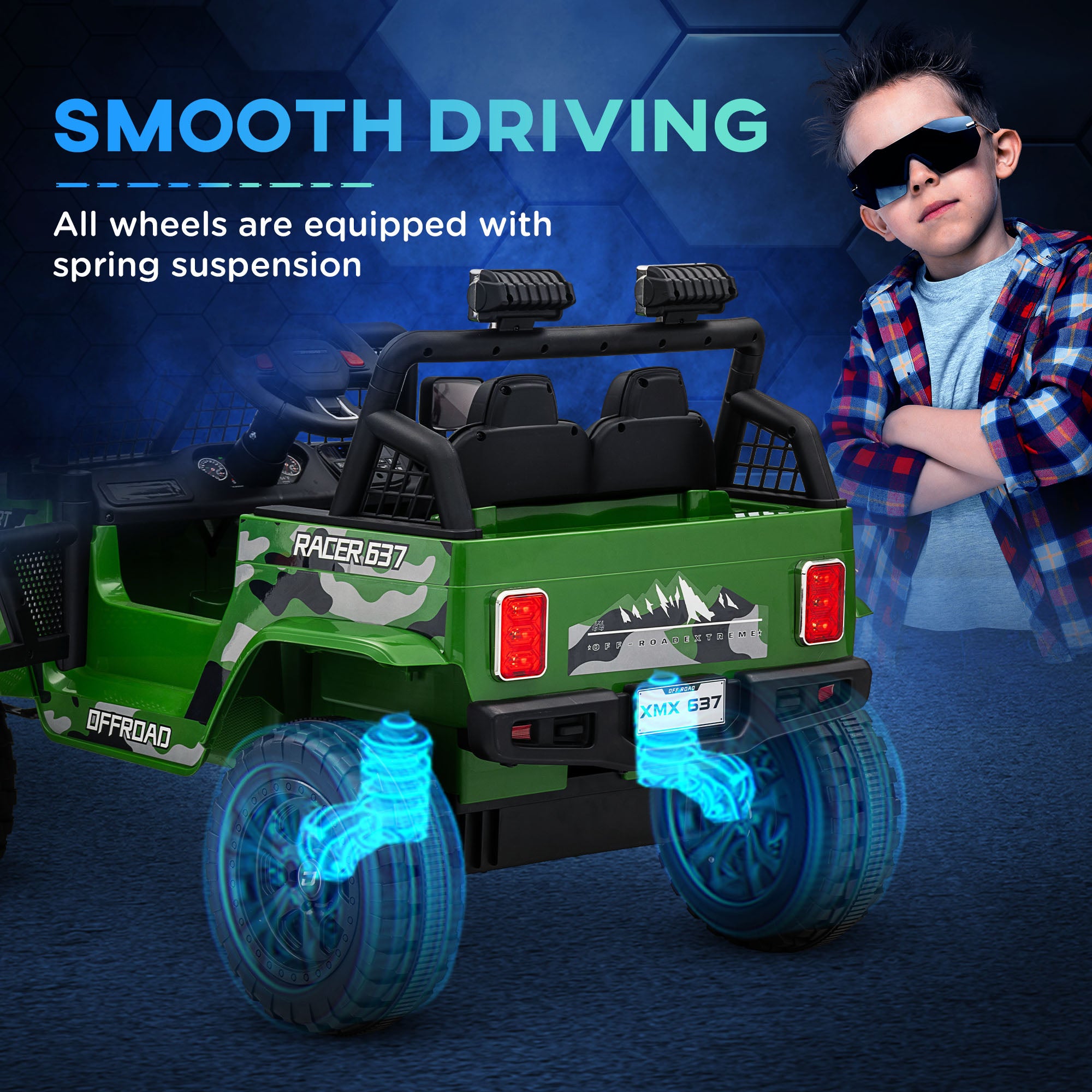 AIYAPLAY 12V Battery Powered Kids Ride On Car, Electric Truck w/ Spring Suspension, Remote, Music Horn Lights - Green - North Peak Garden Furniture