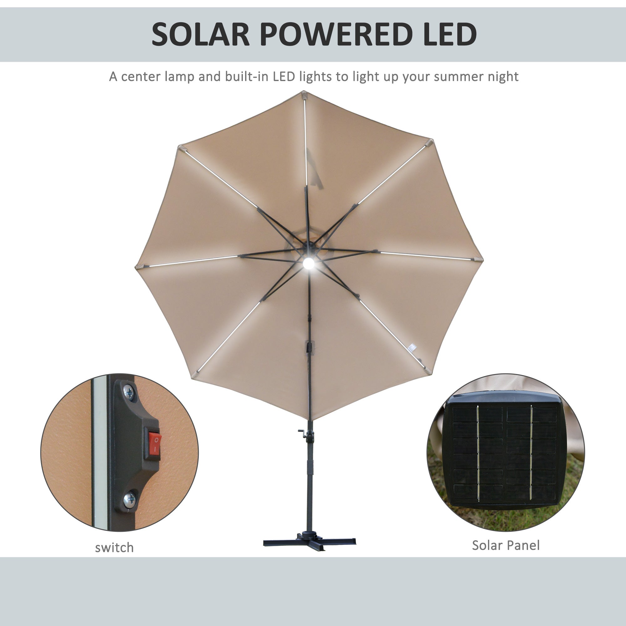 Outsunny 3(m) LED Cantilever Parasol Outdoor Sun Umbrella w/ Base Solar Lights Brown - North Peak Garden Furniture