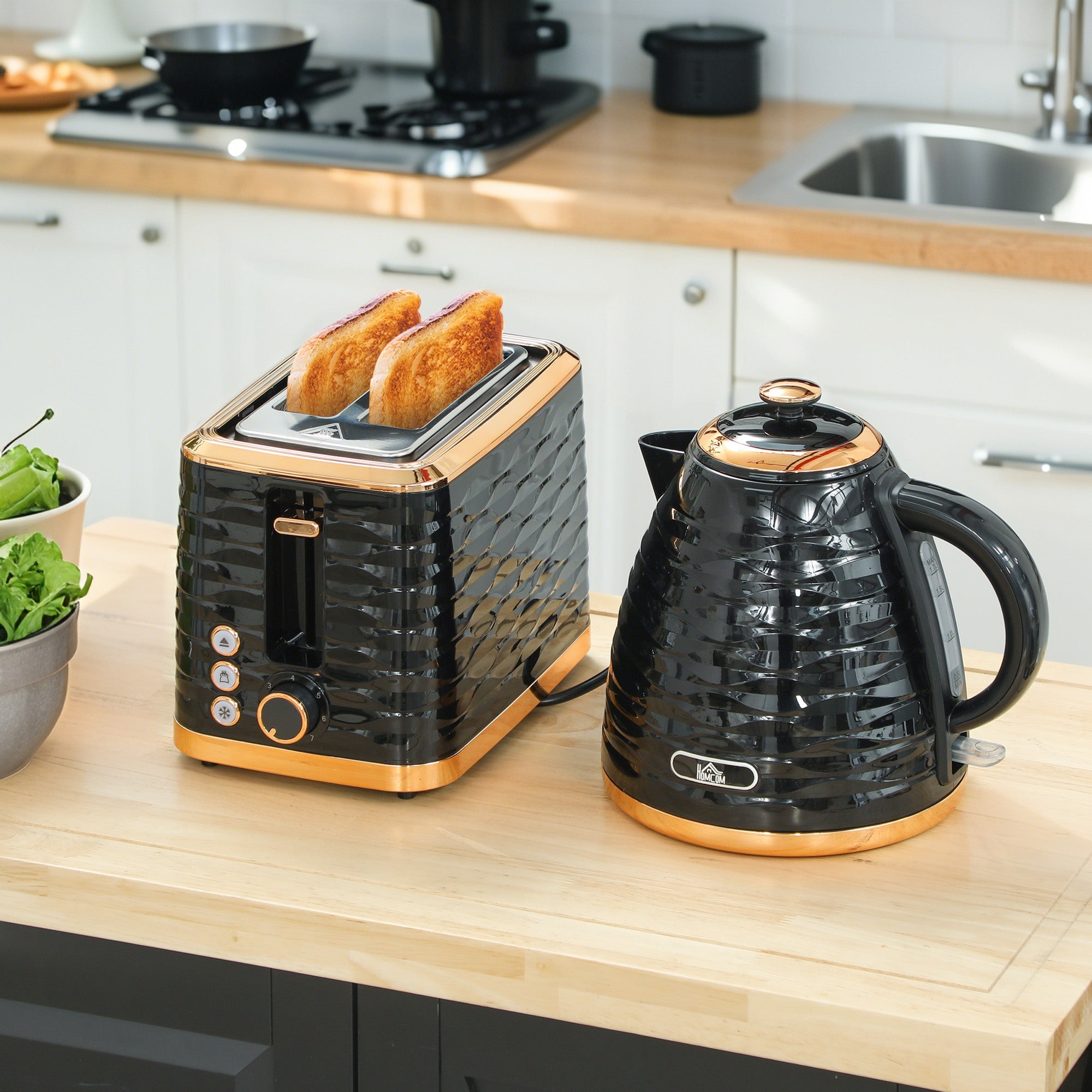 HOMCOM 3000W 1.7L Rapid Boil Kettle & 2 Slice Toaster, Kettle and Toaster Set with 7 Browning Controls and Crumb Tray, Black - North Peak Garden Furniture