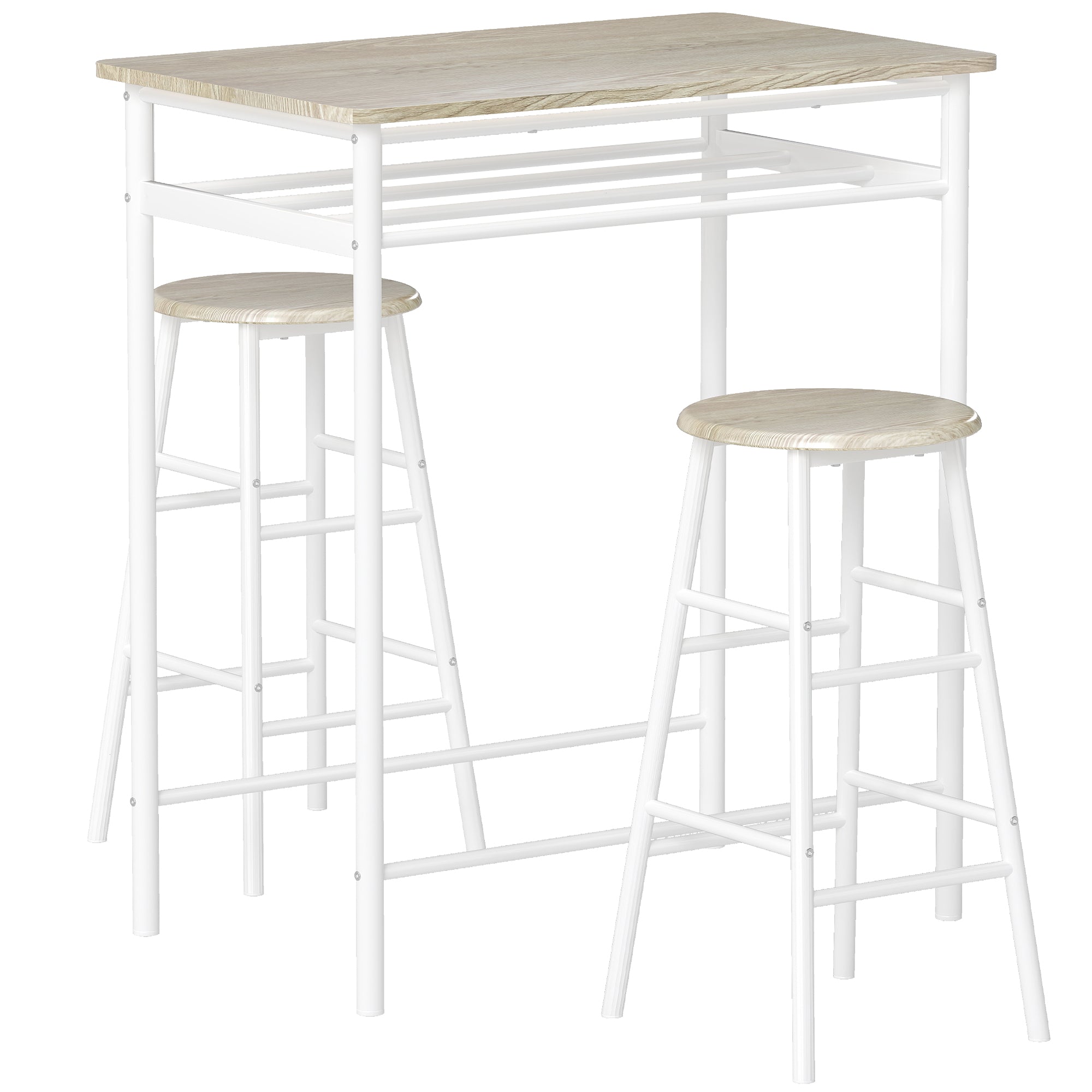 HOMCOM Bar Table Set, Bar Table and Stools Set, Footrest and Storage Shelf, for Kitchen, Dining Room, Pub, Cafe, White and Oak