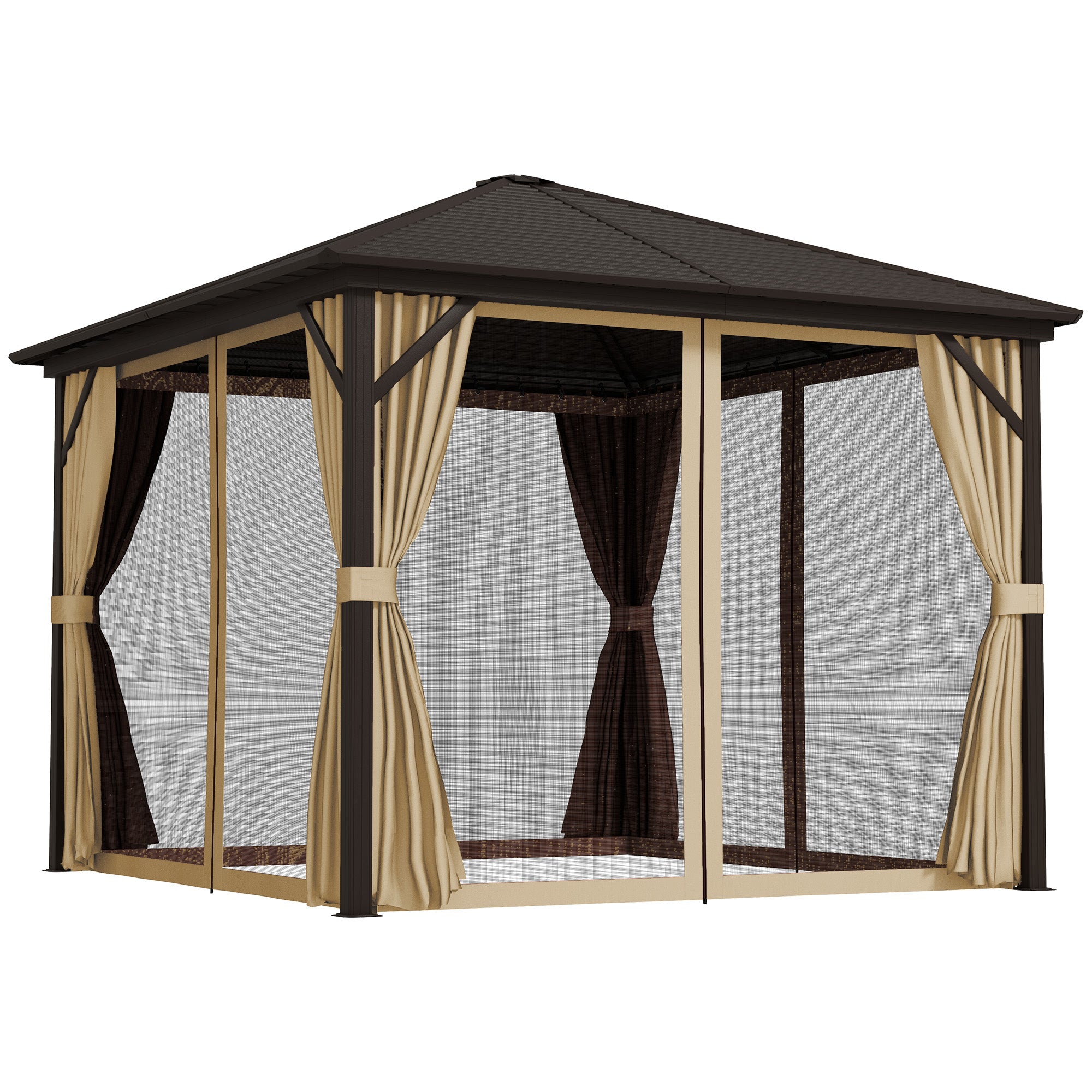 Outsunny 3 x 3(m) Metal Hardtop Gazebo, with Curtains and Accessories - Brown