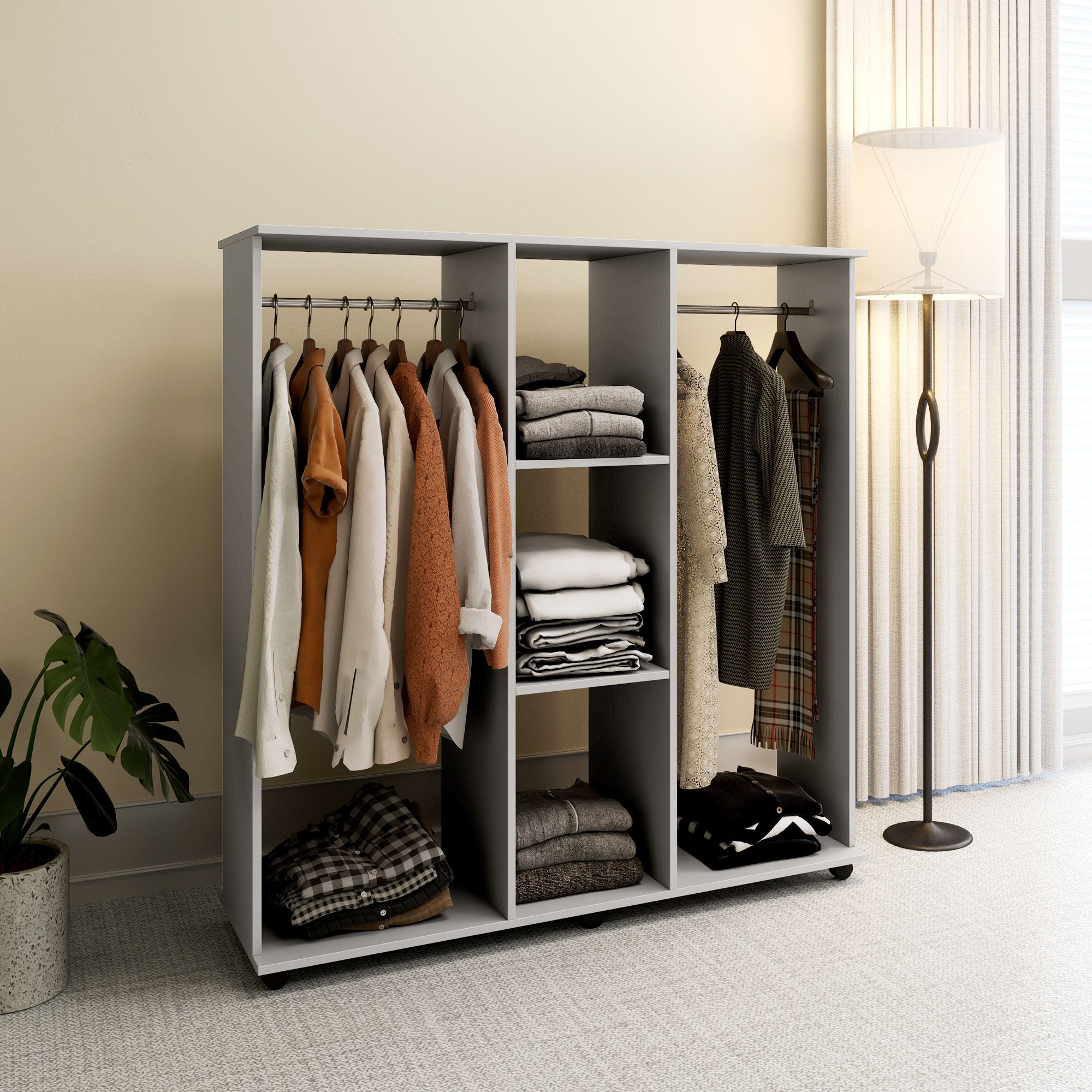 HOMCOM Double Open Wardrobe on Wheels, Bedroom Wardrobe with Clothes Hanging Rails, 3 Storage Shelves, Mobile Garment Rack for Cloakroom, Hallway, Grey - North Peak Garden Furniture
