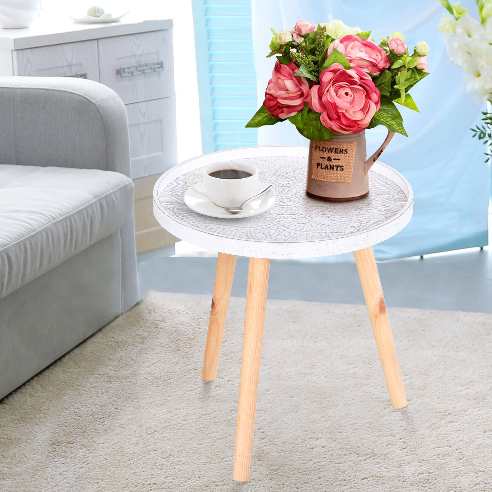 HOMCOM Coffee Table, Carved Floral Round Table with Tray-style Top and Wood Legs, Modern Side Table for Living Room, White - North Peak Garden Furniture