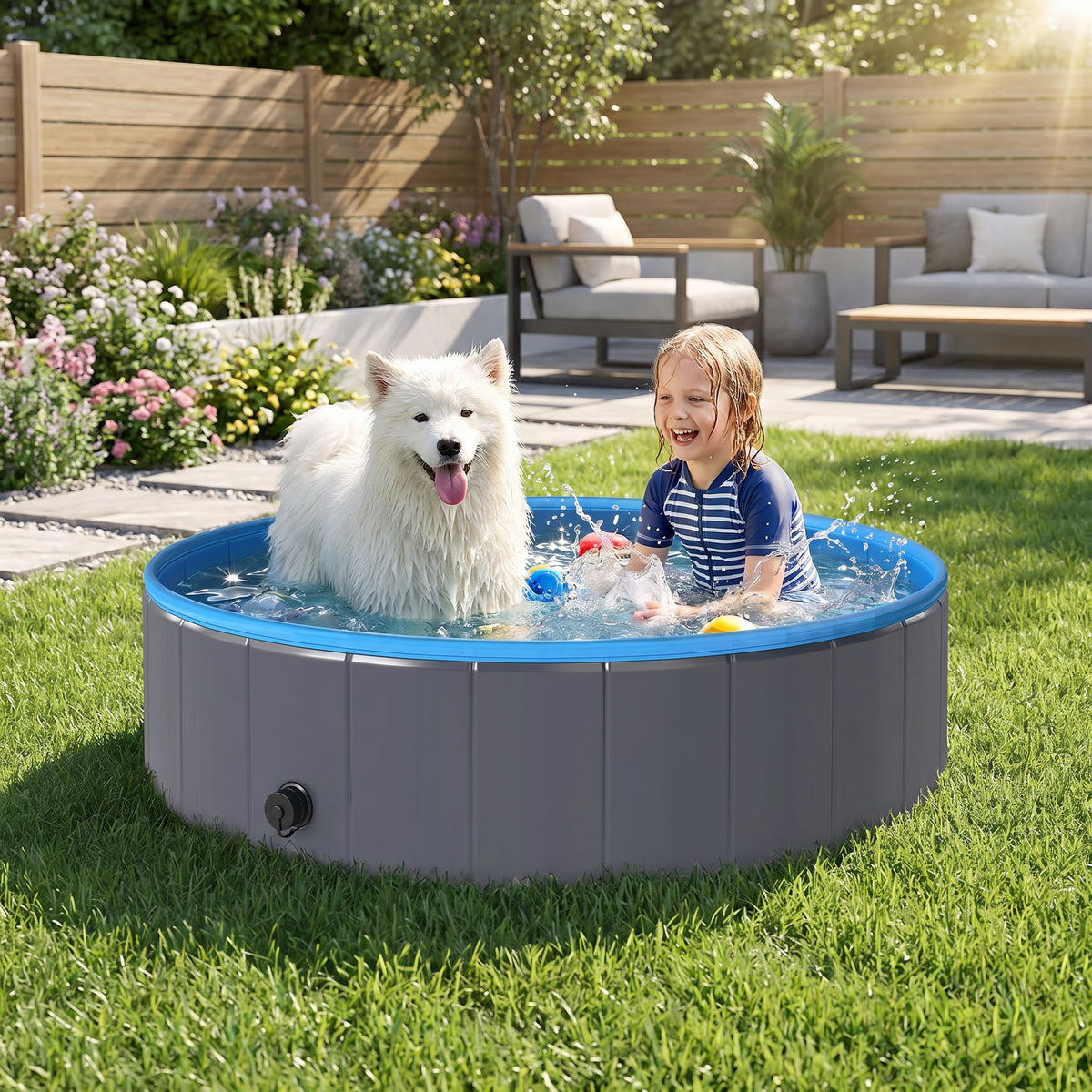 PawHut Foldable Dog Pool for Puppies and Ducks Dog Paddling Pool Bath Tub, Dark Grey, 120 x 30cm