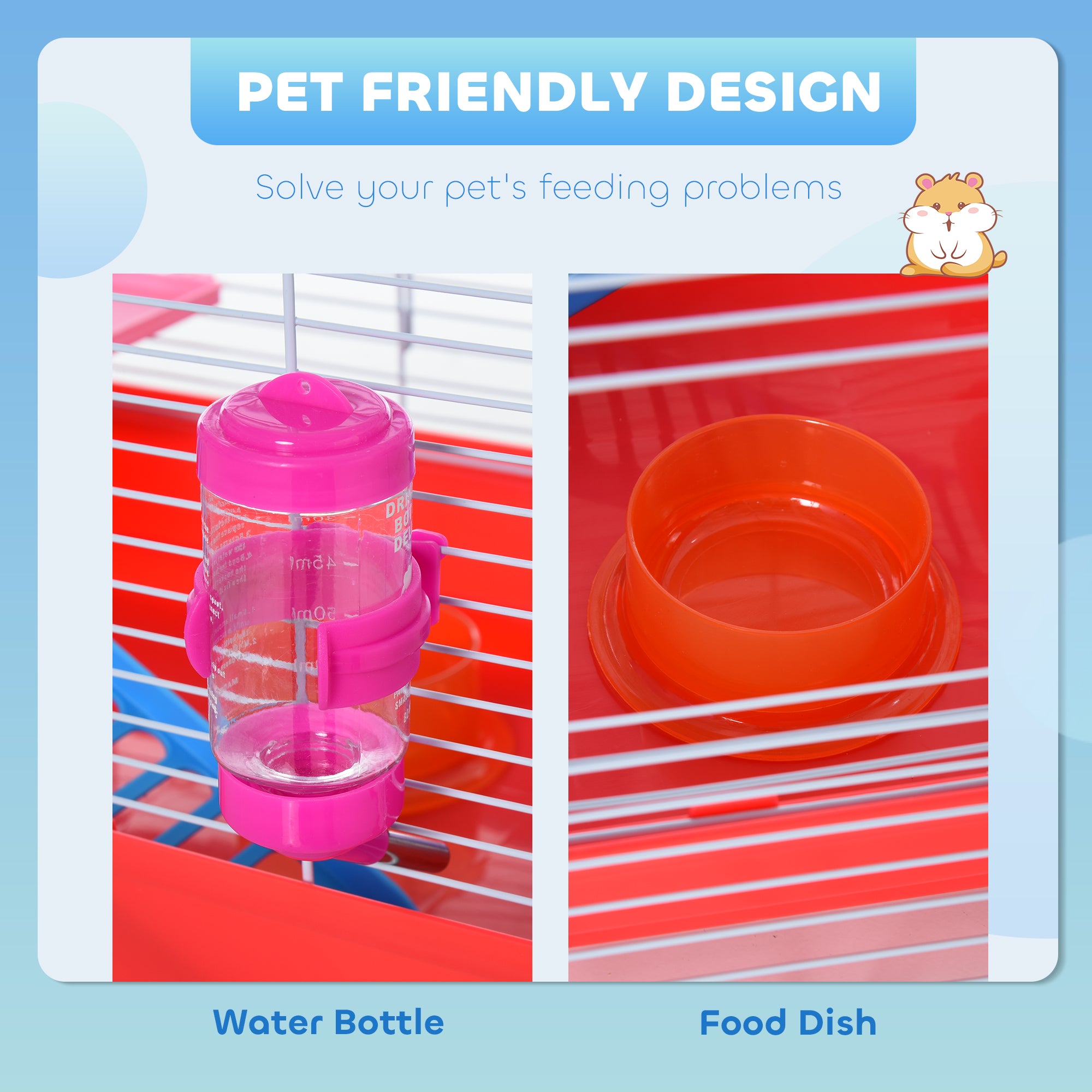 PawHut Portable 2 Storey Hamster Cage Small Pet Animal Cage Double Layers w/ Exercise Wheel Water Bottle Dishes
