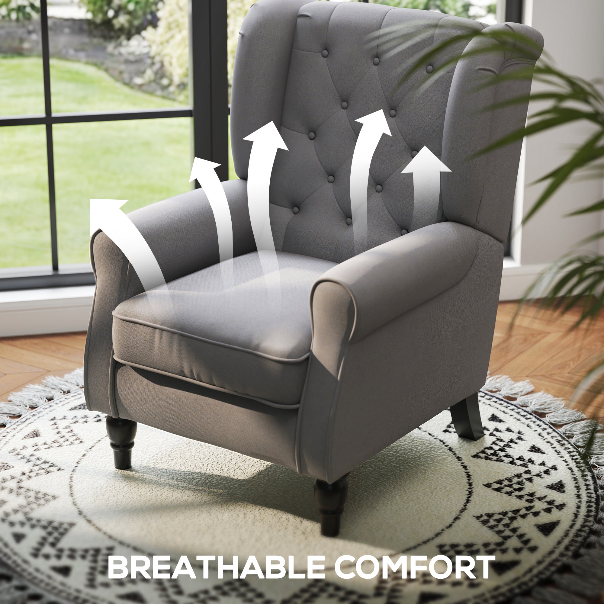 HOMCOM Retro Accent Chair, Wingback Armchair with Wood Frame Button Tufted Design for Living Room Bedroom, Dark Grey - North Peak Garden Furniture