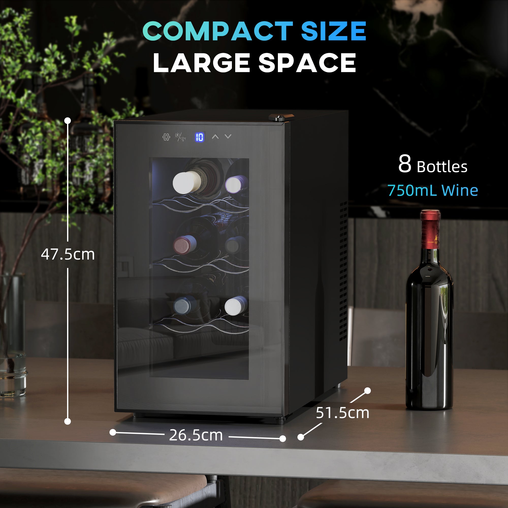 HOMCOM Mini Freestanding Wine Cooler Fridge, 8 Bottle, 21L, 26.5cm Quiet Thermoelectric Under Counter Drinks Beer Wine Fridge with Glass Door, LED Light, Digital Touch Screen, Temperature Control - North Peak Garden Furniture