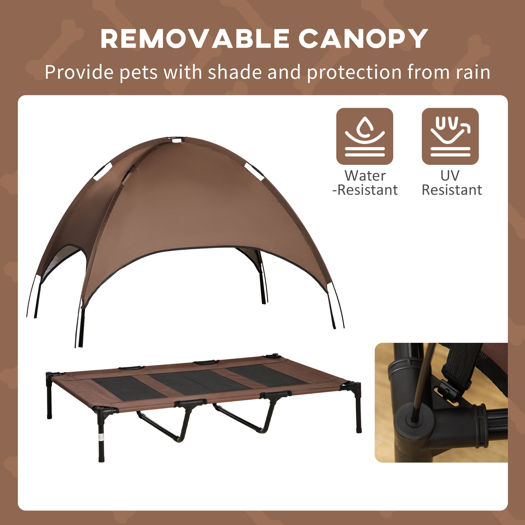 PawHut Raised Dog Bed Waterproof Elevated Pet Cot with Breathable Mesh UV Protection Canopy Coffee, for XL Dogs, 122 x 92 x 108cm - North Peak Garden Furniture