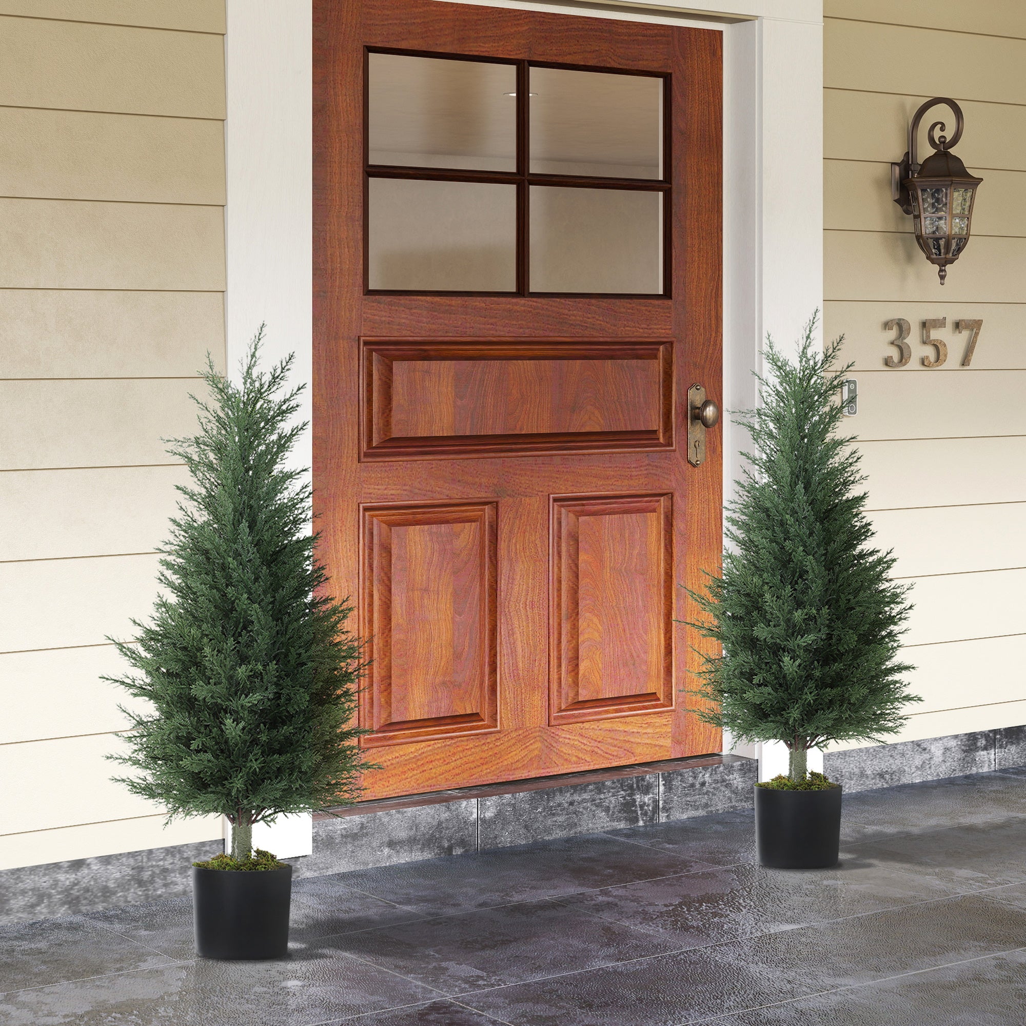 HOMCOM Set of 2 Decorative Artificial Plant, 90 cm Cypress Tree with 362 Leaves in Pot, UV-Resistant Plastic Fake Tree for Indoor Outdoor Home Office - North Peak Garden Furniture