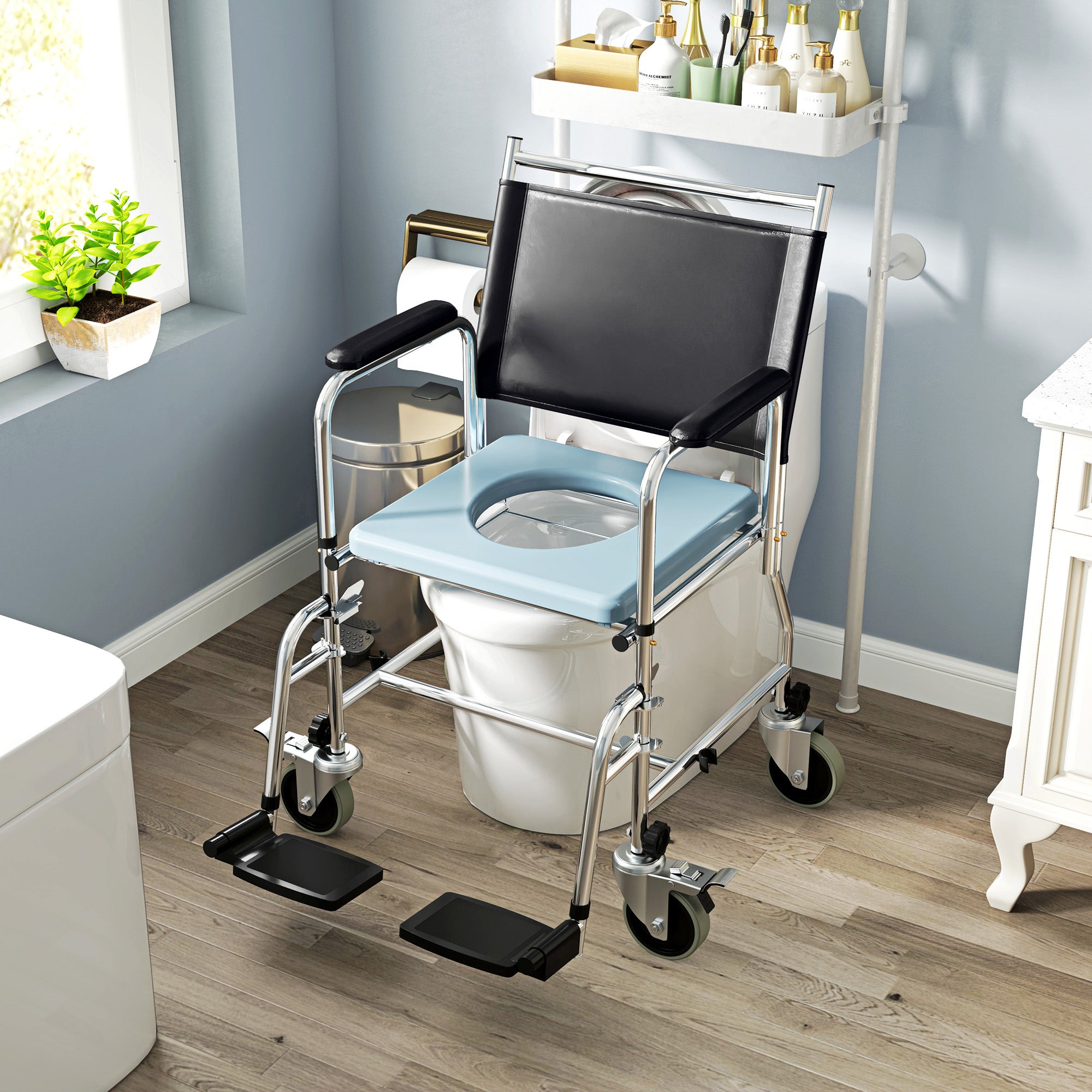 HOMCOM 3-In-1 Commode Wheelchair - Black - North Peak Garden Furniture