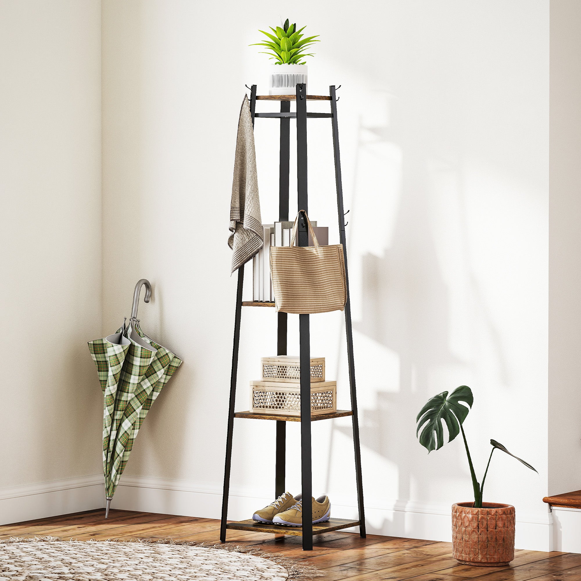 HOMCOM Compact Freestanding Coat Rack - Black/Brown - North Peak Garden Furniture