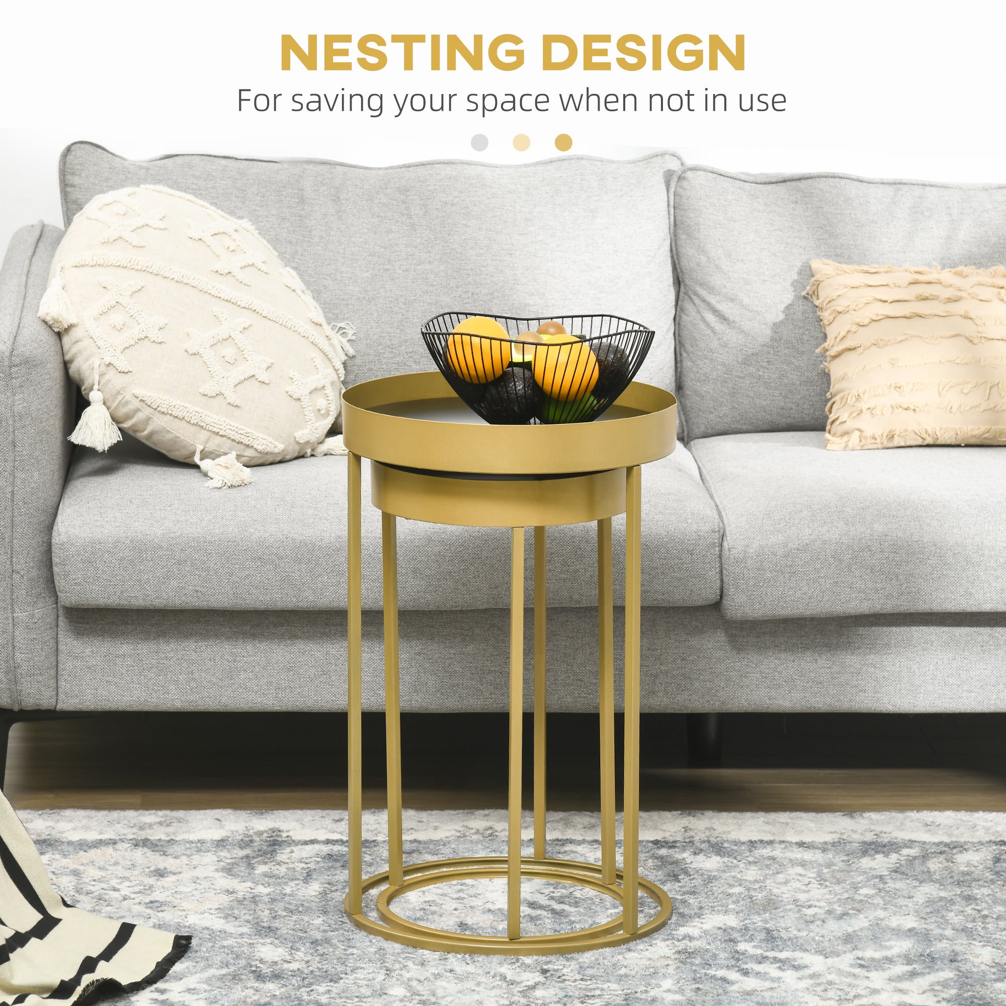 HOMCOM Nest of Tables, Round Coffee Table Set of 2, Nesting Tables with Embedded Tabletop and Metal Frame, Gold Side Table for Living Room, Bedroom - North Peak Garden Furniture