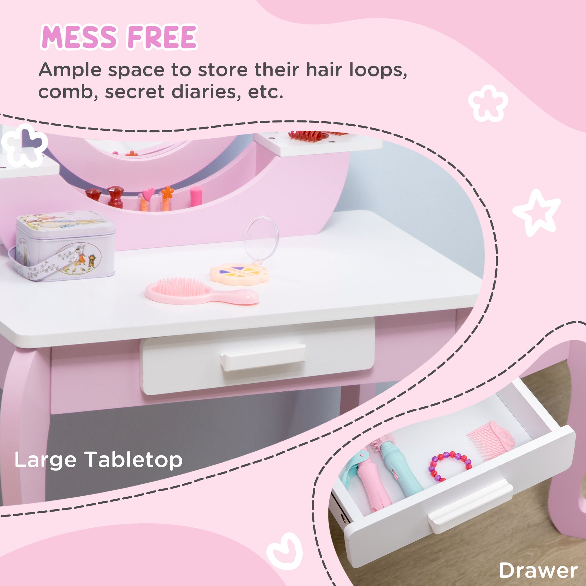 ZONEKIZ Kids Dressing Table Set, with Mirror, Stool, for Ages 3-6 Years - Pink - North Peak Garden Furniture