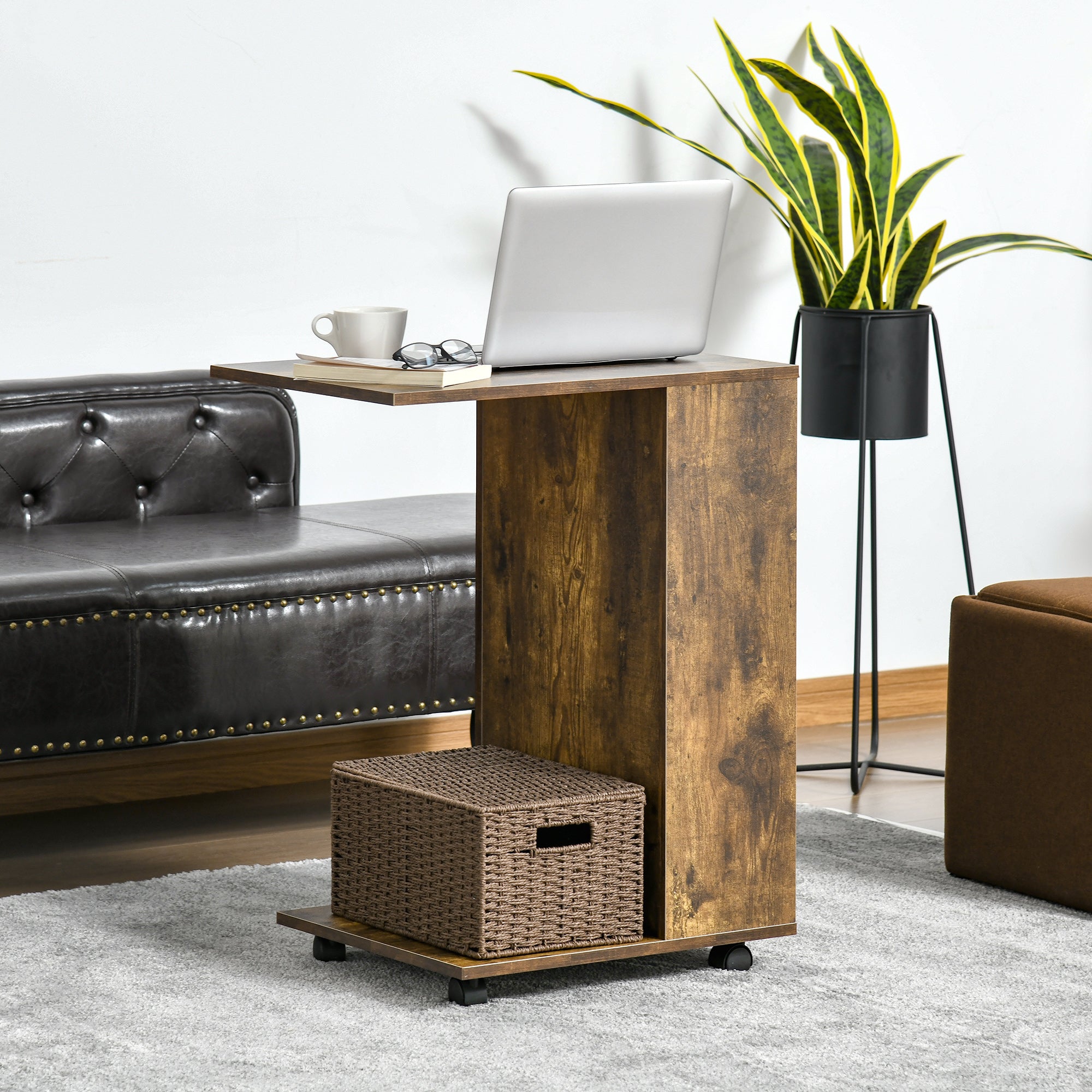 HOMCOM Mobile Sofa Side Table C-Shape End Table with Storage and Casters for Laptop Coffee Snack, Rustic Brown - North Peak Garden Furniture