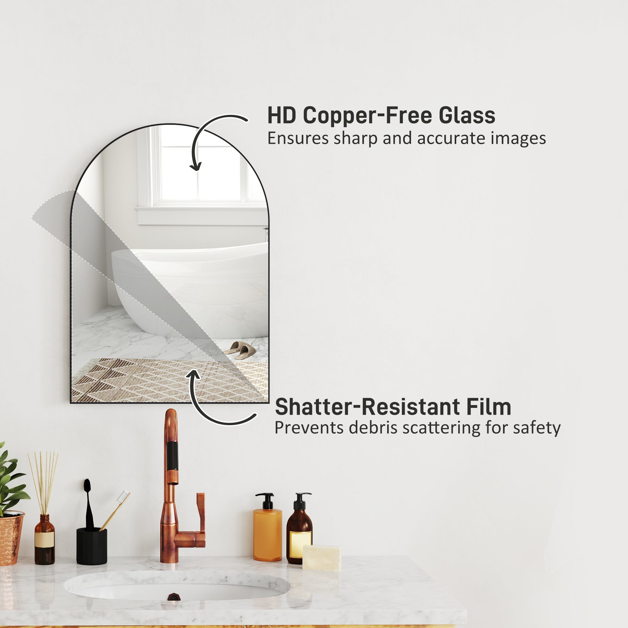 HOMCOM 50 x 70cm Arched Home Mirror - Black - North Peak Garden Furniture