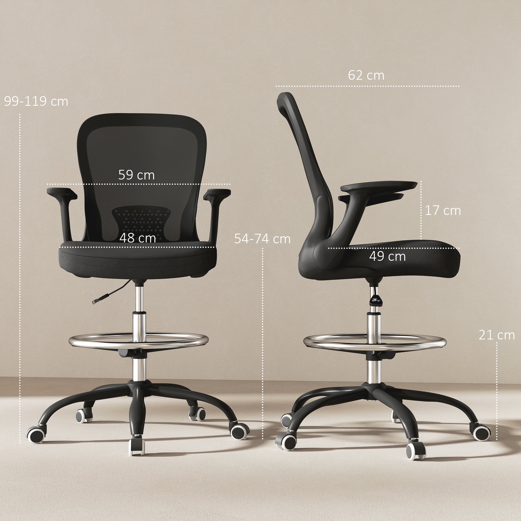 HOMCOM Draughtsman Chair, Mesh Drafting Chair, Ergonomic Office Chair with Flip-up Armrest, Adjustable Foot Ring, Black - North Peak Garden Furniture