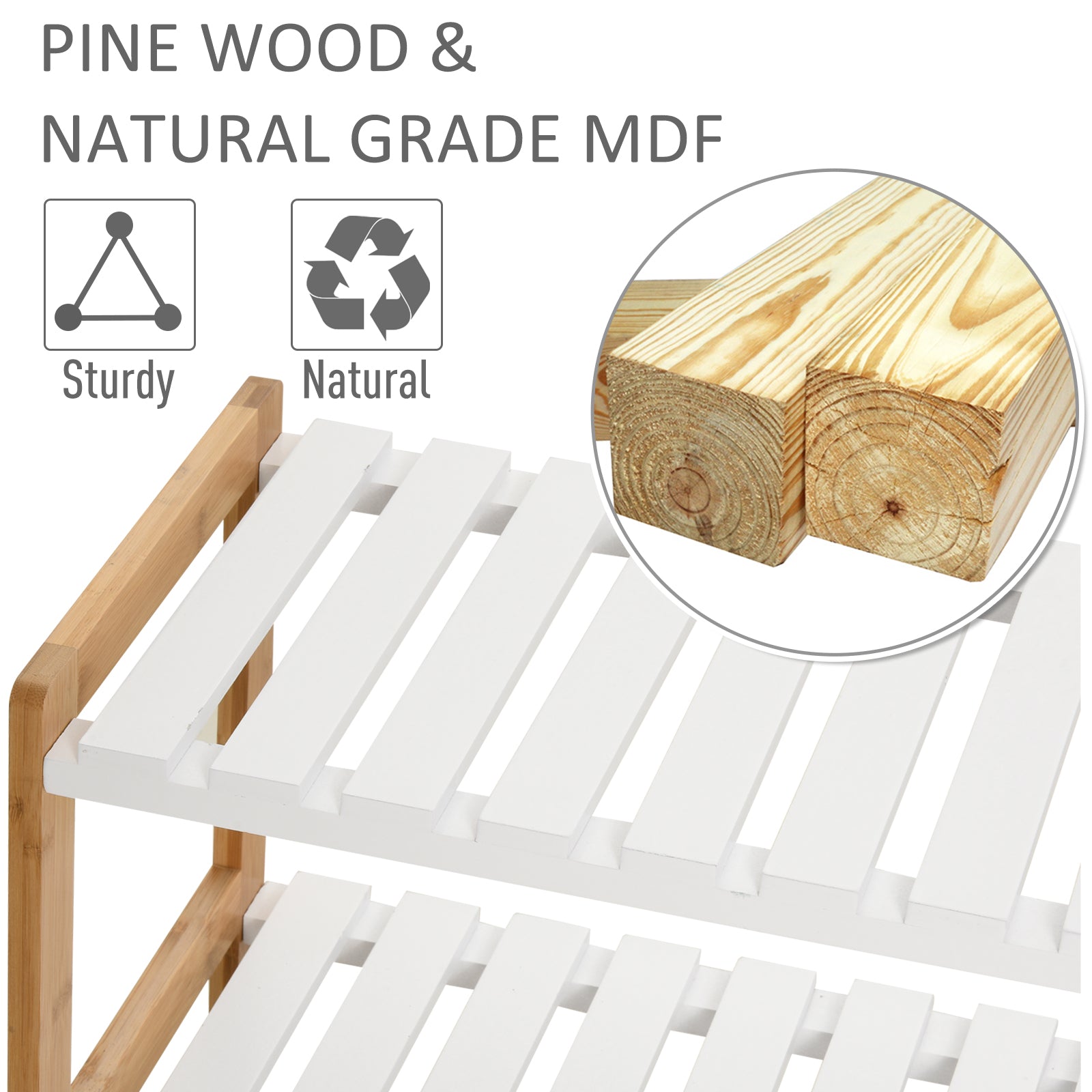 HOMCOM 3-Tier Shoe Rack Wood Frame Slatted Shelves Spacious Open Hygienic Storage Home Hallway Furniture Family Guests 70L x 26W x 57.5H cm - Natural - North Peak Garden Furniture