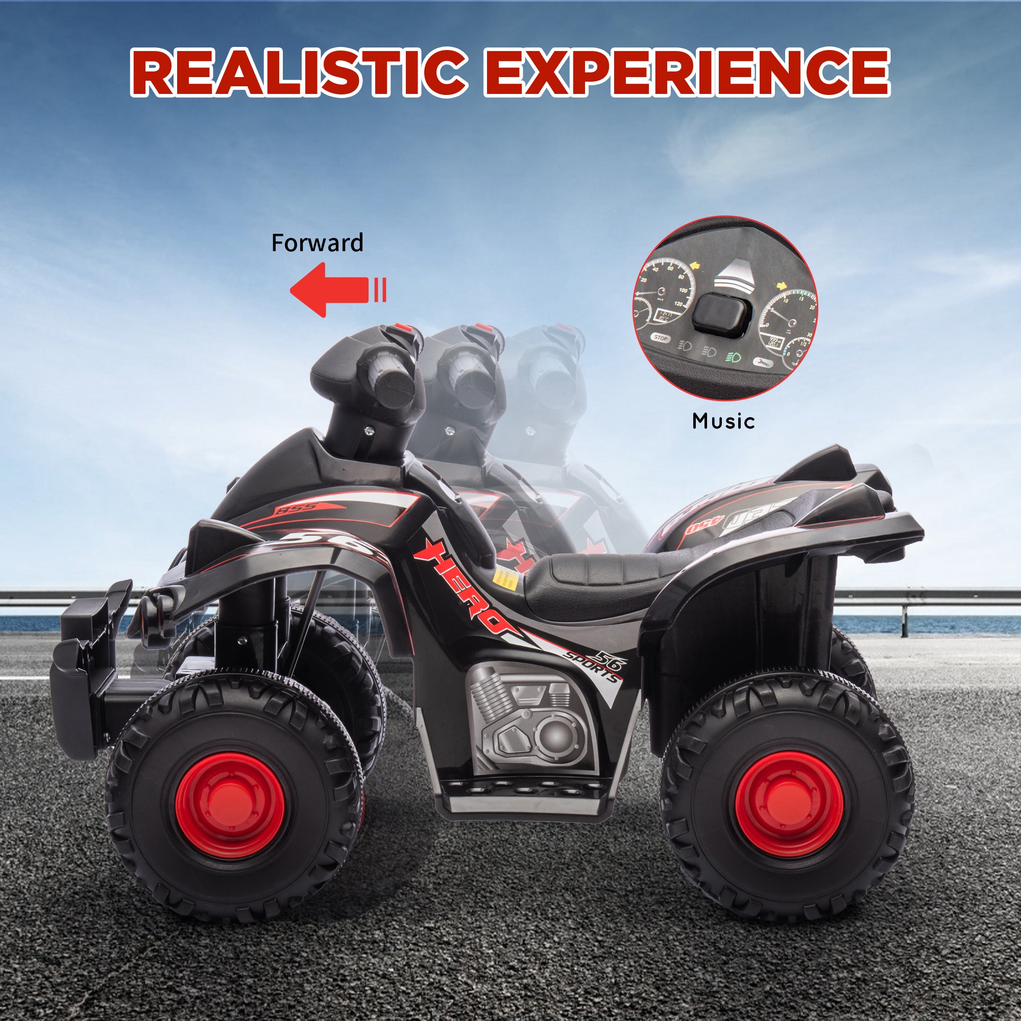 AIYAPLAY 6V Kids Electric Quad Bike w/ Music, Forward Function, for 2-6 Years, Black - North Peak Garden Furniture