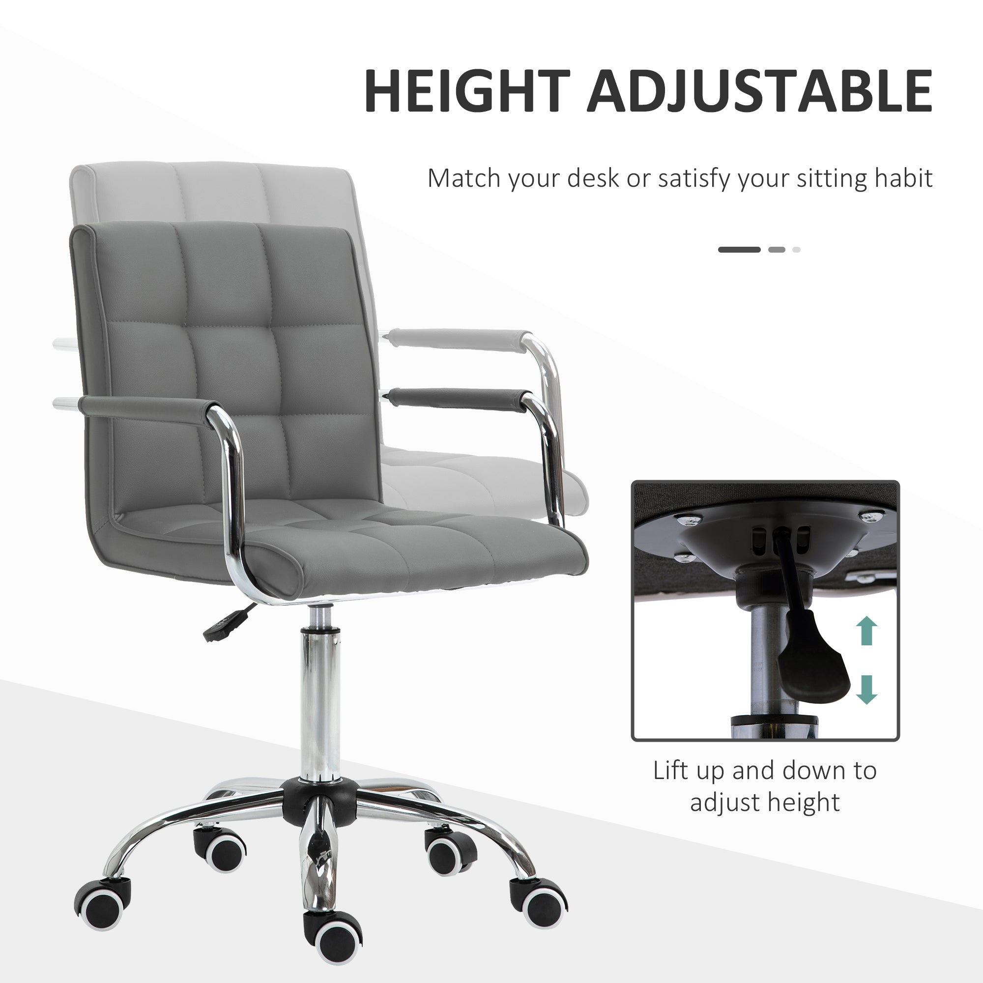 Vinsetto PU Leather Home Office Desk Chair, Computer Chair with Mid Back, Arm, Swivel Wheels, Adjustable Height, Grey - North Peak Garden Furniture