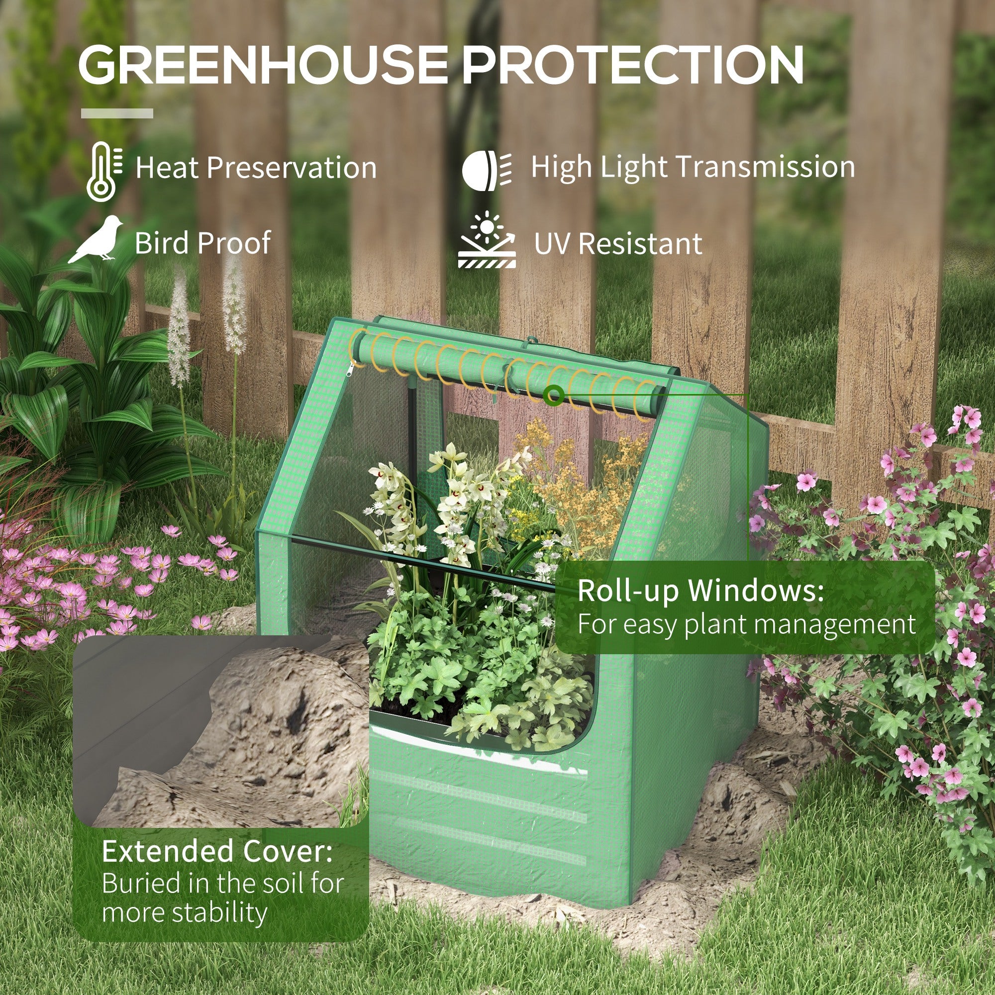 Outsunny 61 x 61cm Garden Planter Bed, with Mini Greenhouse - Green and Silver