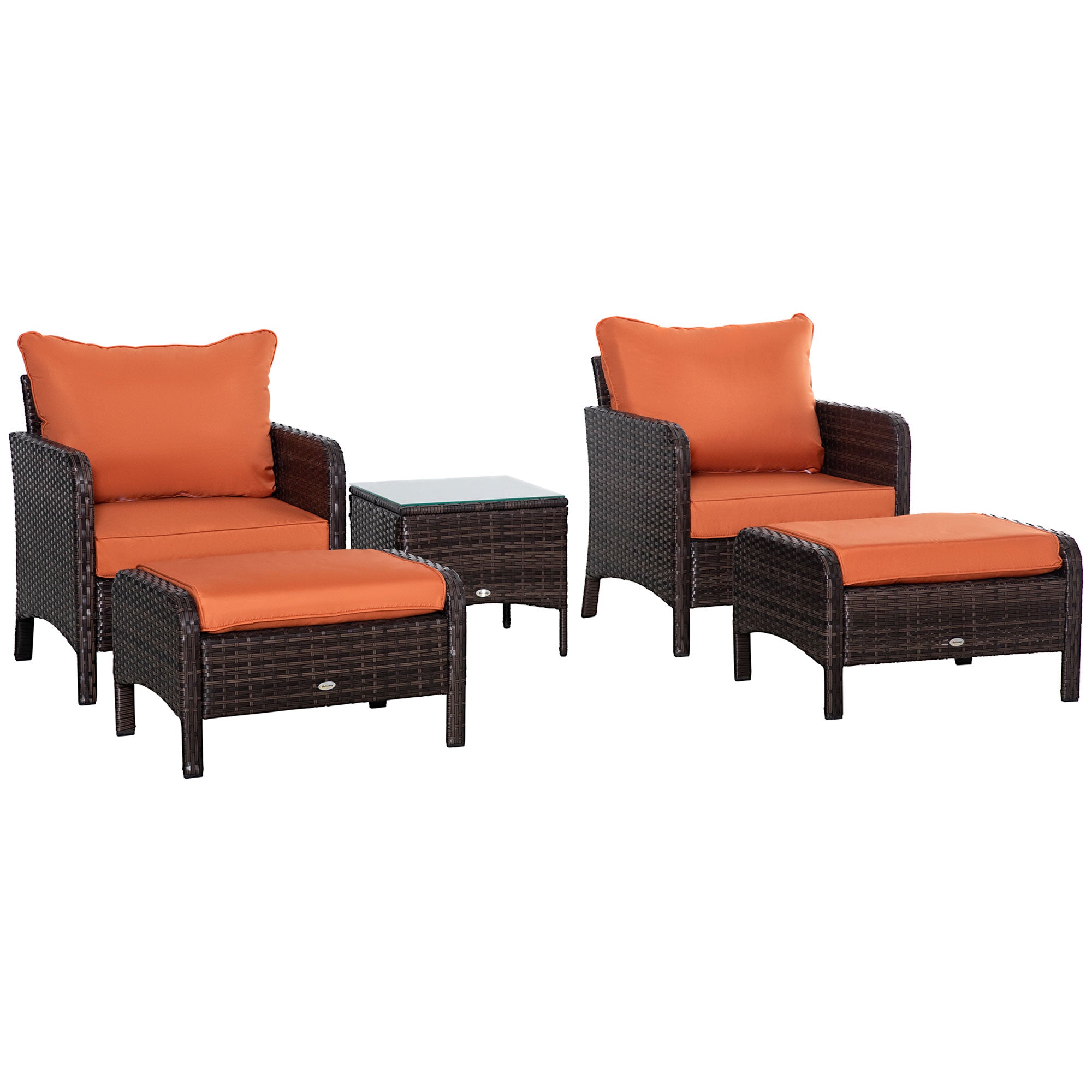 Outsunny 5 Pieces PE Rattan Garden Furniture Set with 10cm Thick Padded Cushions, Wicker Weave Outdoor Seating Chairs with 2 Armchairs, 2 Stools, Glass Top Table, Brown - North Peak Garden Furniture