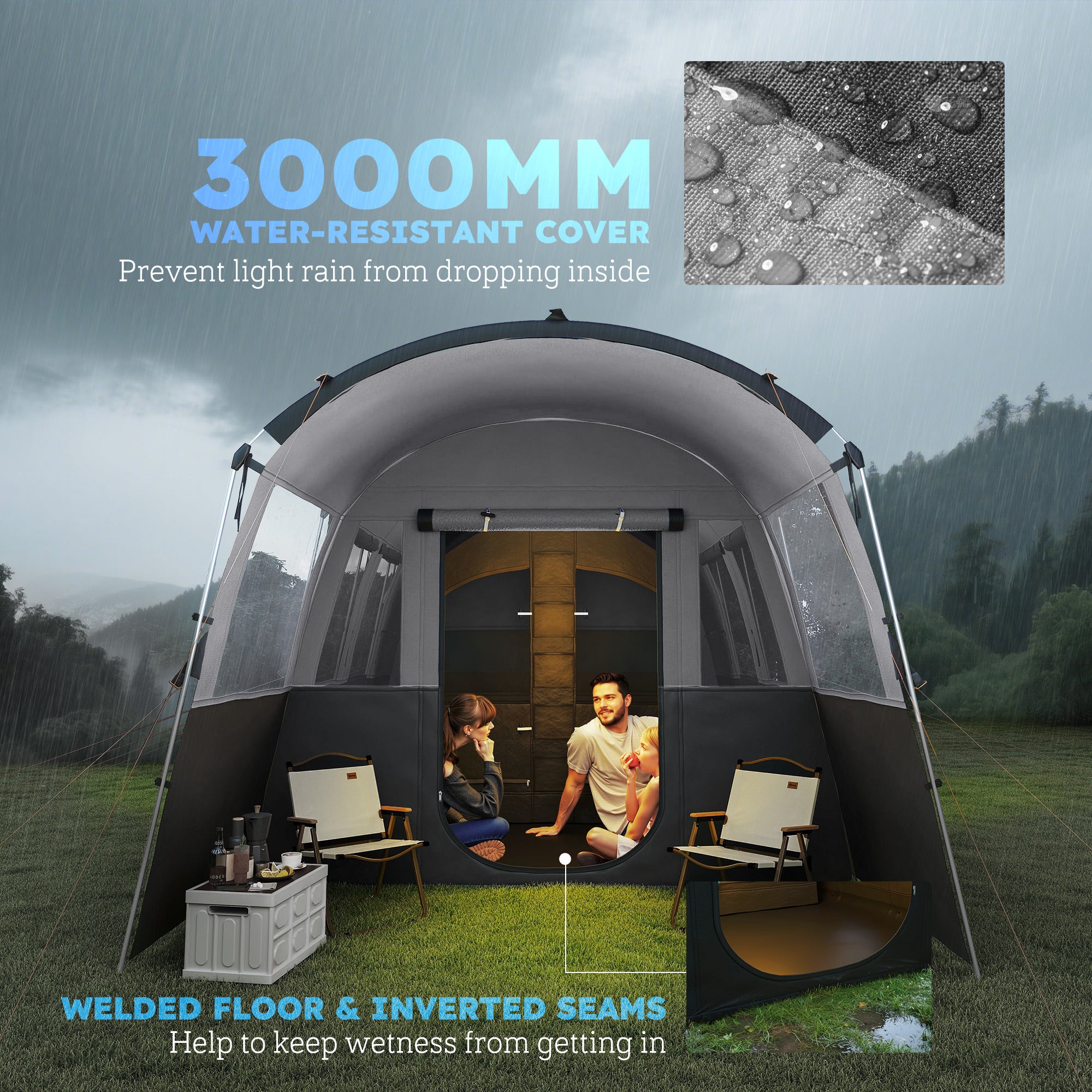 Outsunny 8-Person Camping Tent, Waterproof Family Tent, Tunnel Design, 4 Large Windows, Sleeping Cabins 3000mm Water Column Grey - North Peak Garden Furniture