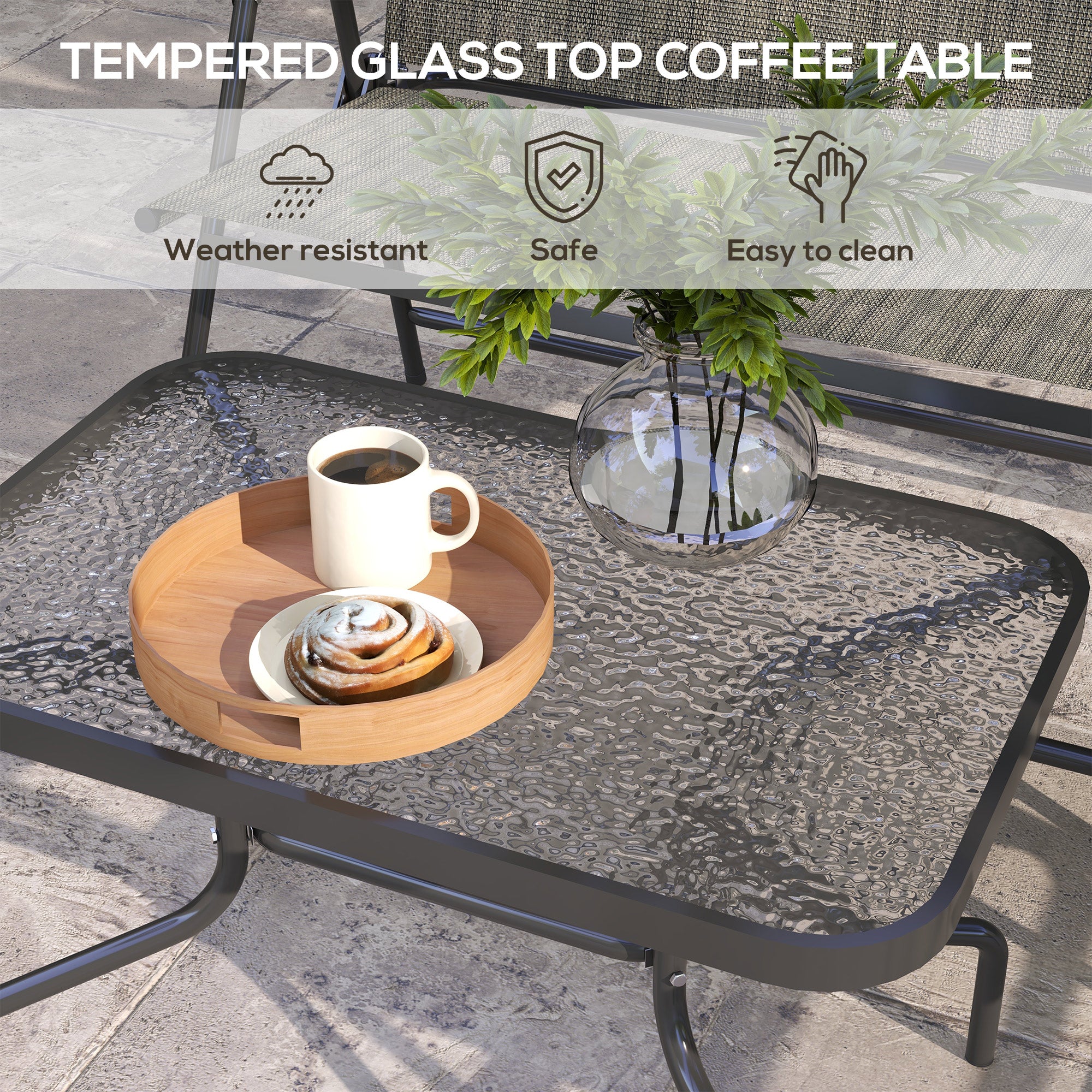 Outsunny Outdoor 4 Pieces Patio Furniture Set with Breathable Mesh Fabric Seat & Backrest, Garden Set with Two Foldable Armchairs, a Loveseat & Glass Top Table, Mixed Brown - North Peak Garden Furniture