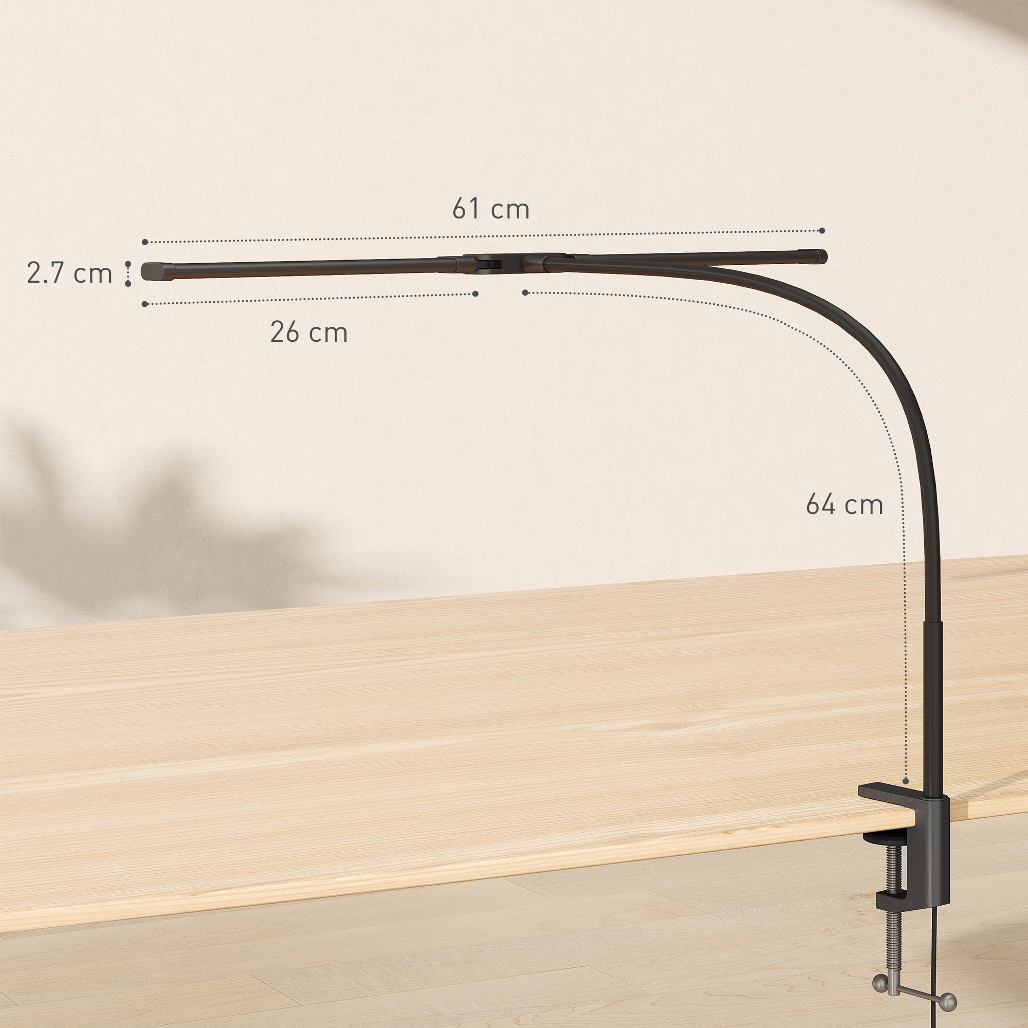 HOMCOM LED Desk Lamp with Clamp, Double Head Table Lamp with 3 Colour Modes & 10 Brightness Levels, Flexible Gooseneck Reading Desk Light with Timer and Memory Function for Study, Office, Work, Black - North Peak Garden Furniture