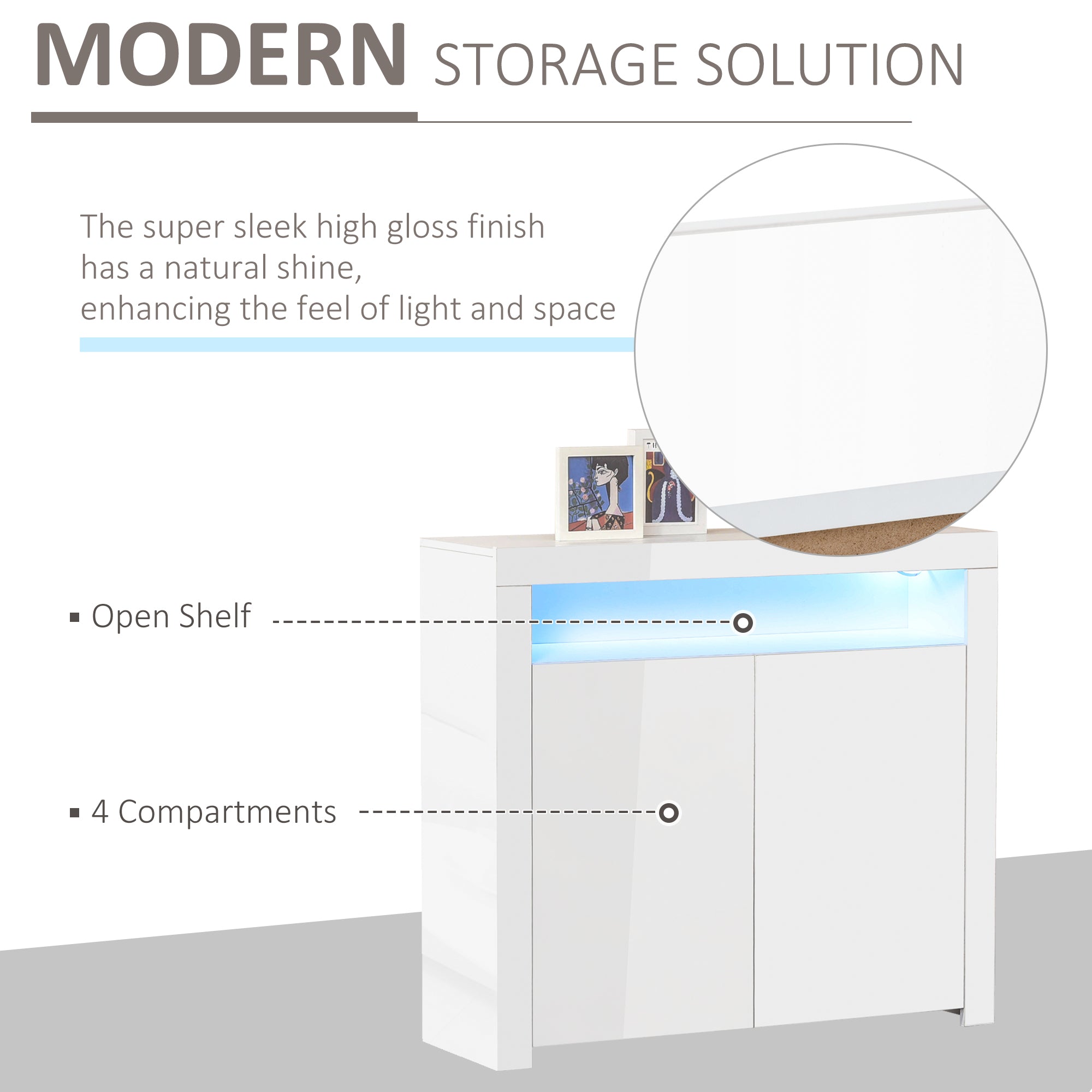 HOMCOM LED Storage Cabinet, Cupboard with High Gloss Front and RGB Lighting, Modern Sideboard for Entryway, Dining Area, Living Room, White - North Peak Garden Furniture