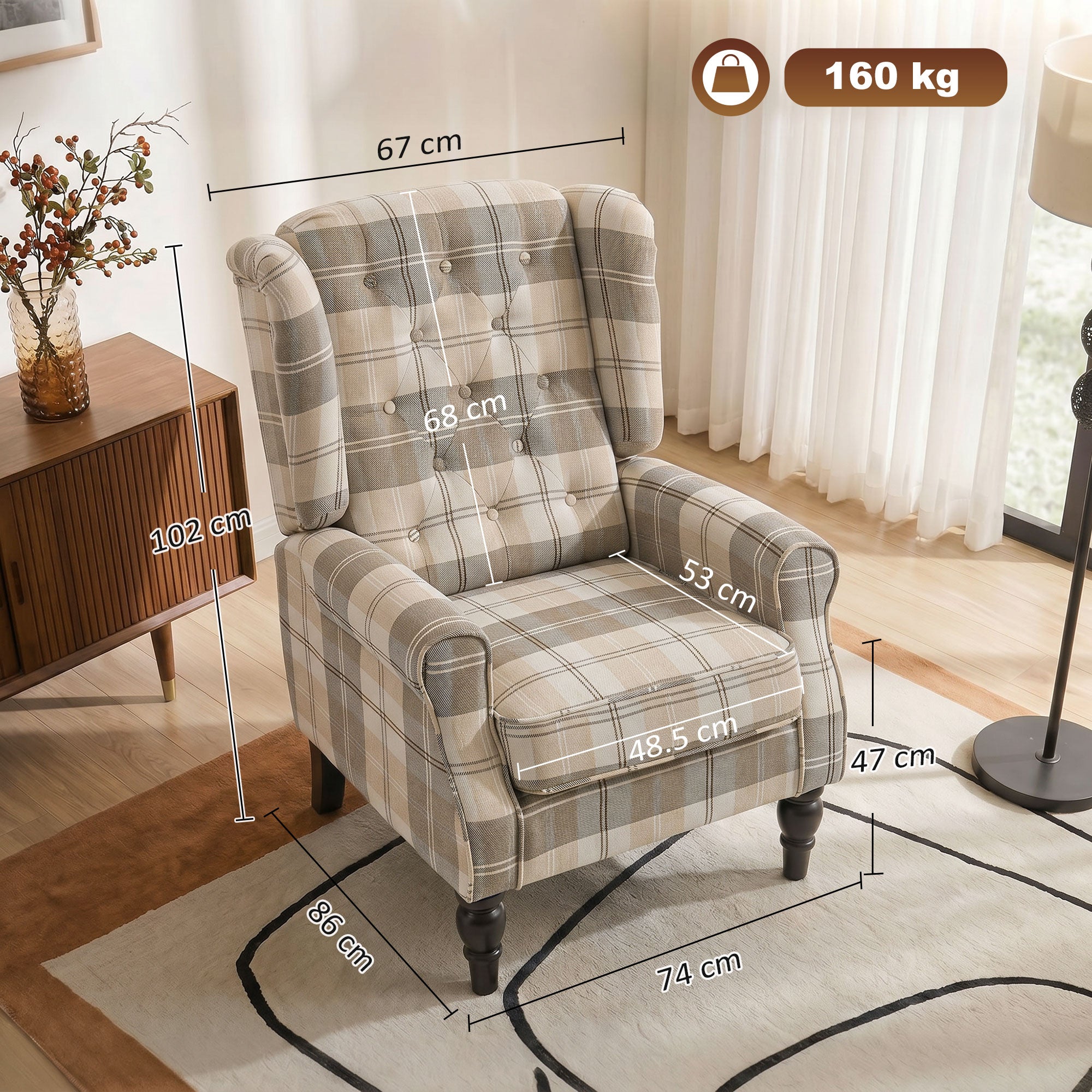 HOMCOM Wingback Accent Chair, Linen-Look Fabric Armchair with Thick Spring Cushion, High Back, Khaki Plaid