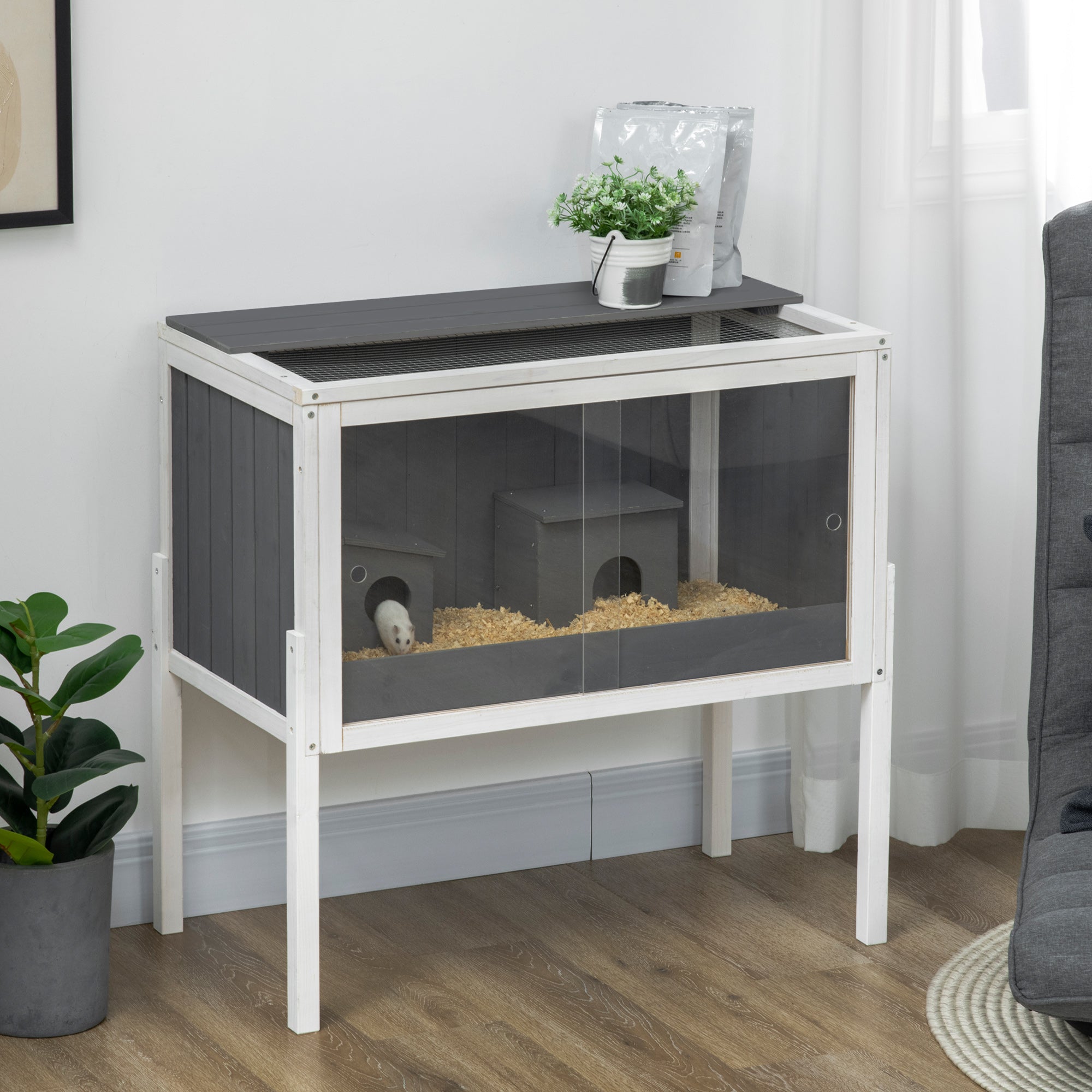 PawHut Wooden Hamster Cage for Dwarf Hamsters, Gerbils, Rutin Chicken, with Shelf, Two Huts - Grey - North Peak Garden Furniture