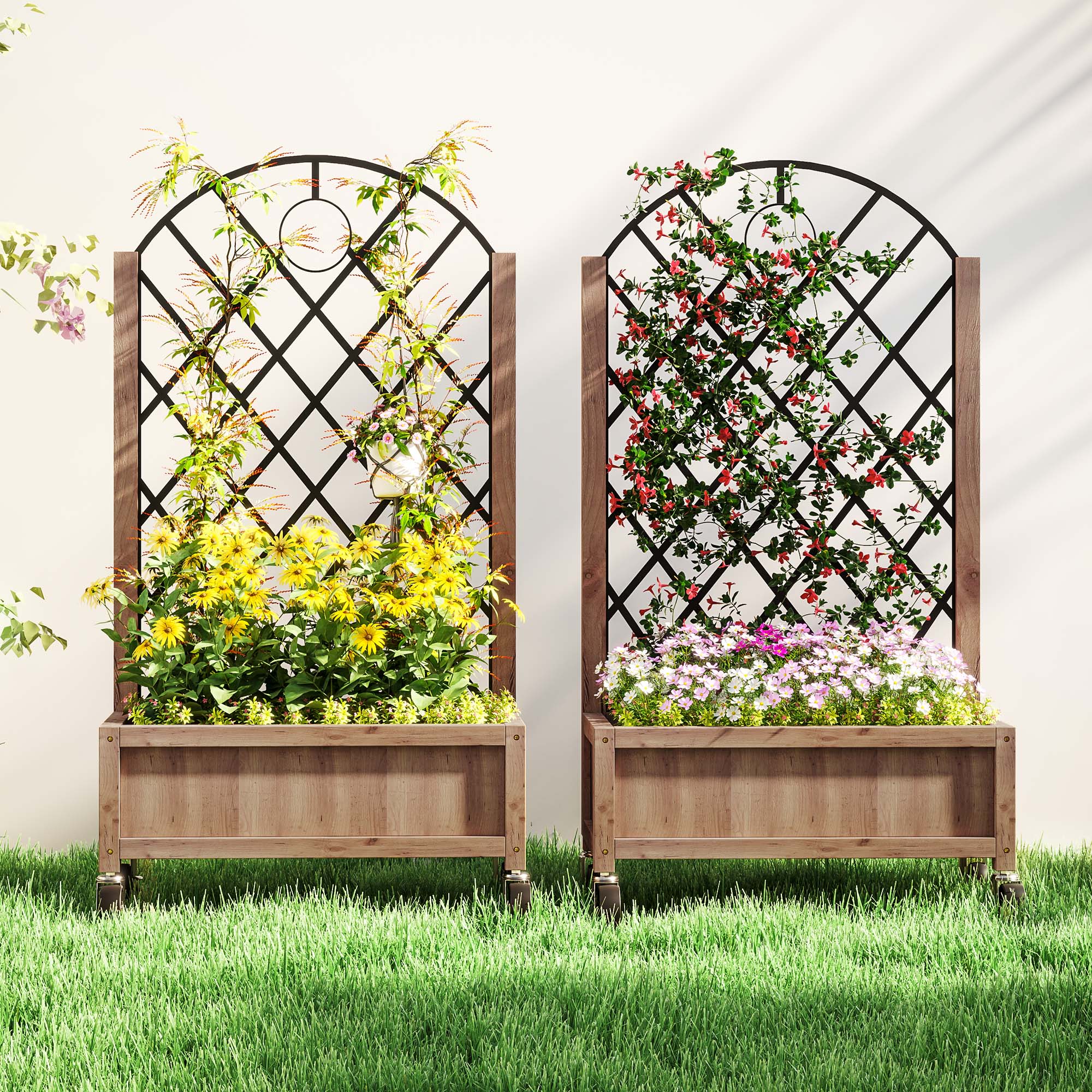 Outsunny Wooden Planter, with Metal Trellis - Brown/Black - North Peak Garden Furniture