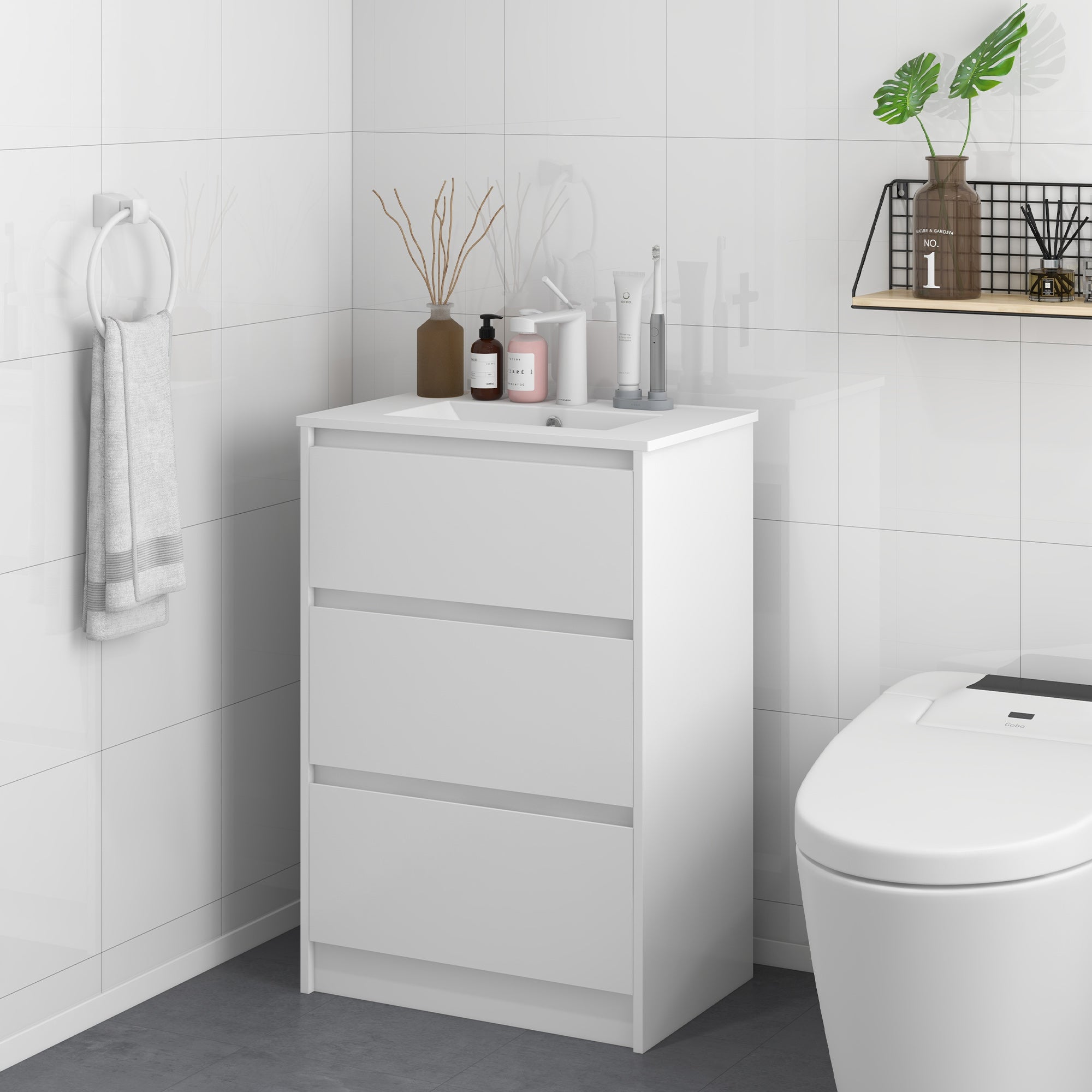kleankin 600mm Bathroom Vanity Unit with Basin and Single Tap Hole, High Gloss White Floor Standing Bathroom Sink Unit with 2 Drawers - North Peak Garden Furniture