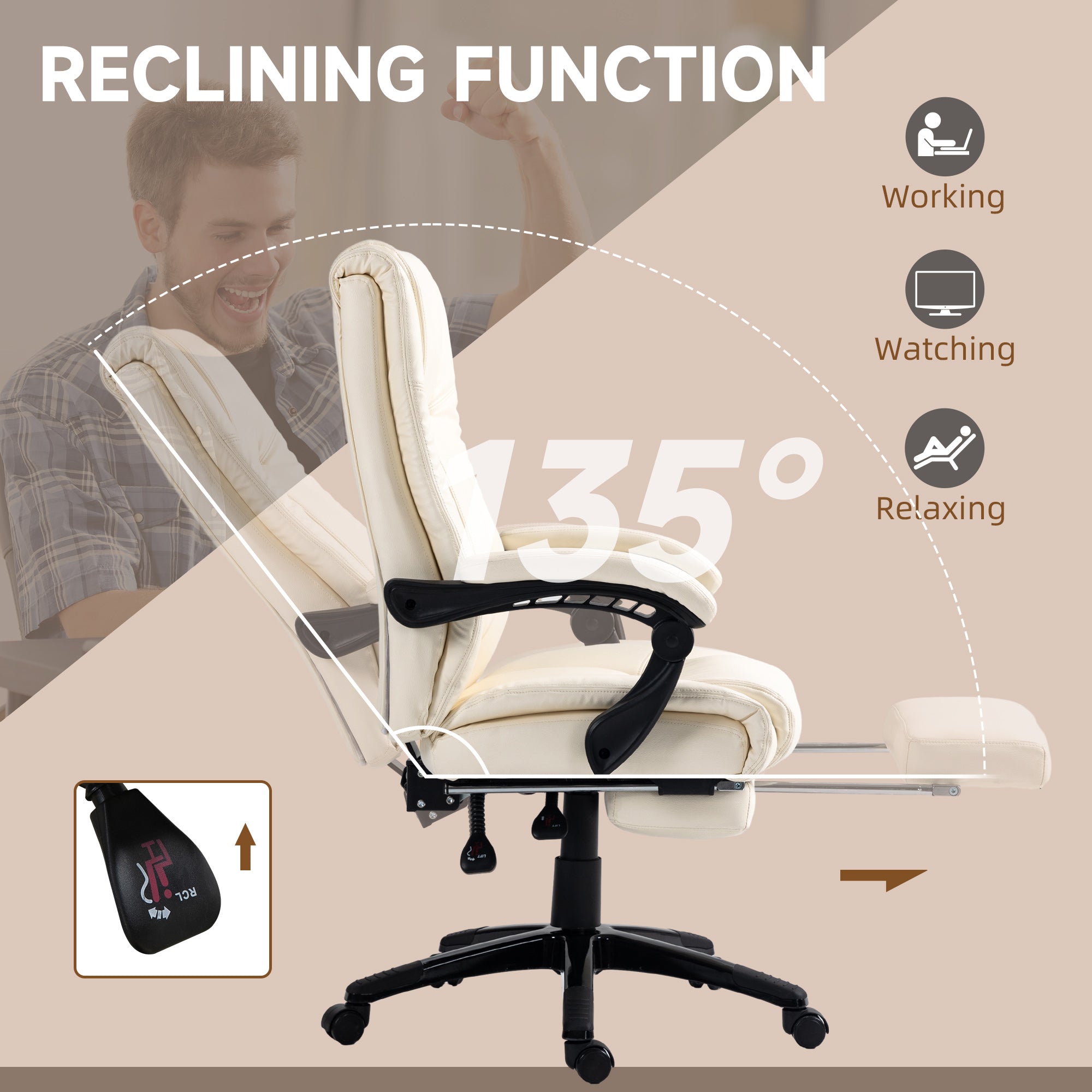 Vinsetto PU Leather Office Chair, Swivel Computer Chair with Footrest, Wheels, Adjustable Height, Cream White - North Peak Garden Furniture