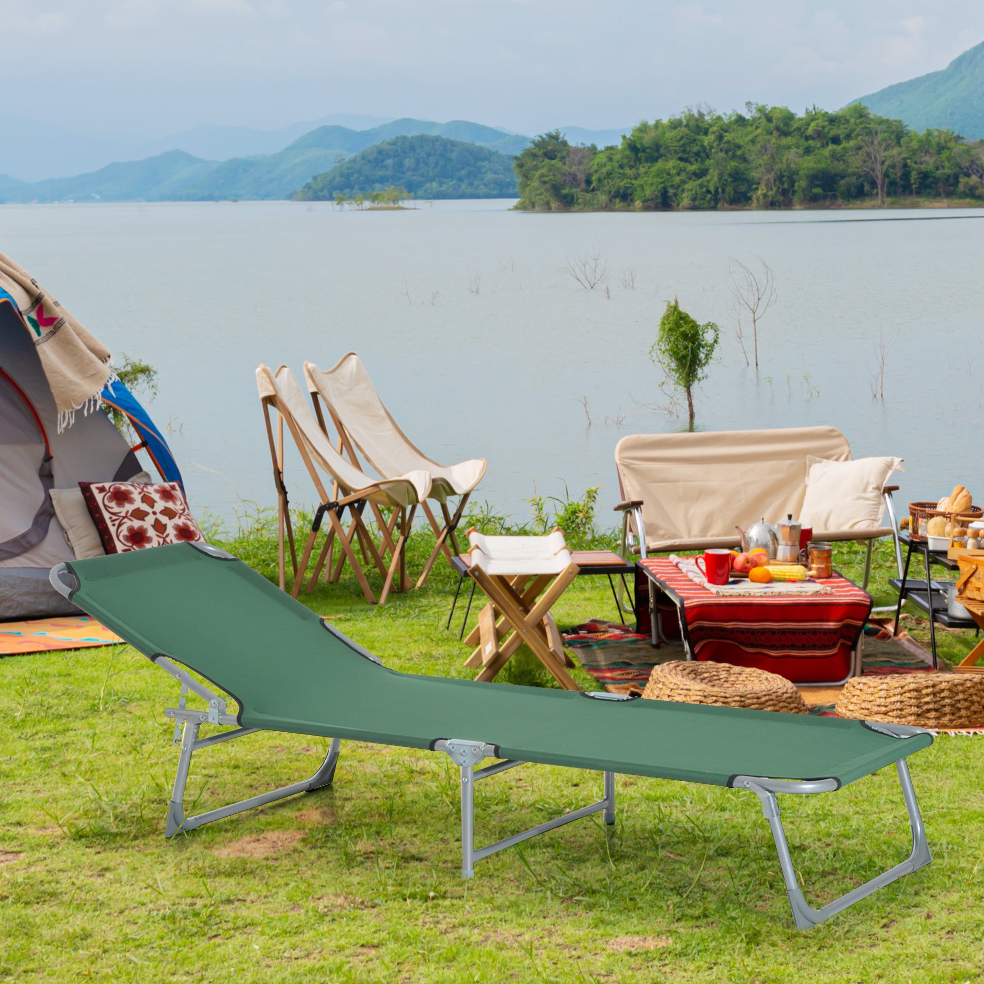 Outsunny Reclining Sun Lounger Chair Folding Camping Bed with 4-Position Adjustable Backrest, for Travel Indoor Outdoor Office Fishing, Green - North Peak Garden Furniture