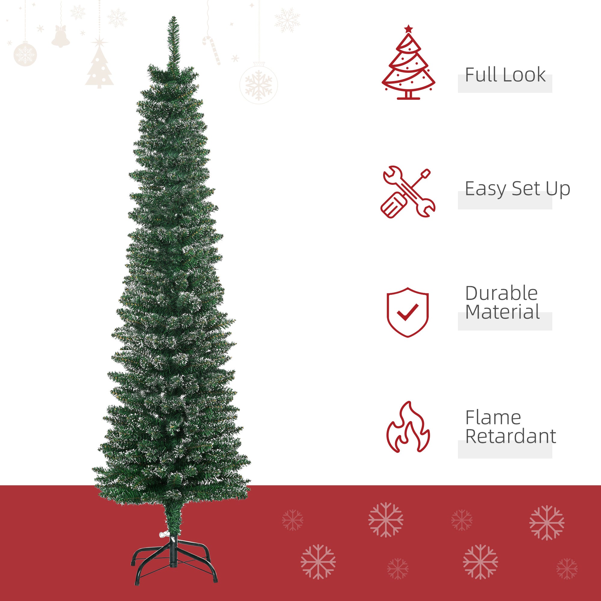 HOMCOM 5.5FT Artificial Snow Dipped Christmas Tree Xmas Pencil Tree Holiday Home Indoor Decoration with Foldable Black Stand, Green - North Peak Garden Furniture