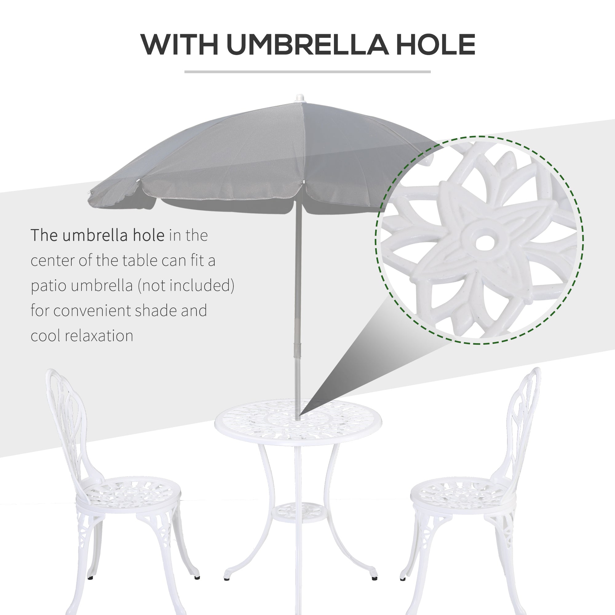 Outsunny 3 Piece Patio Bistro Set for 2, Outdoor Aluminium Garden Table and Chairs with Umbrella Hole for Balcony, White - North Peak Garden Furniture