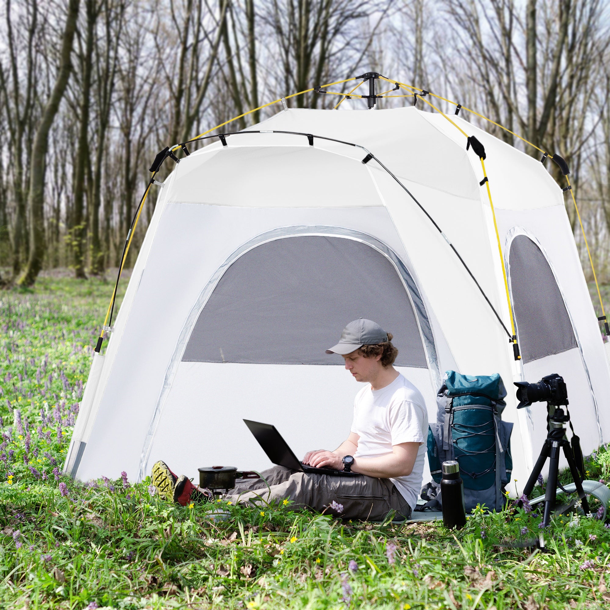Outsunny 4 Person Automatic Camping Tent, Outdoor Pop Up Tent, Portable Backpacking Dome Shelter, Light Grey - North Peak Garden Furniture
