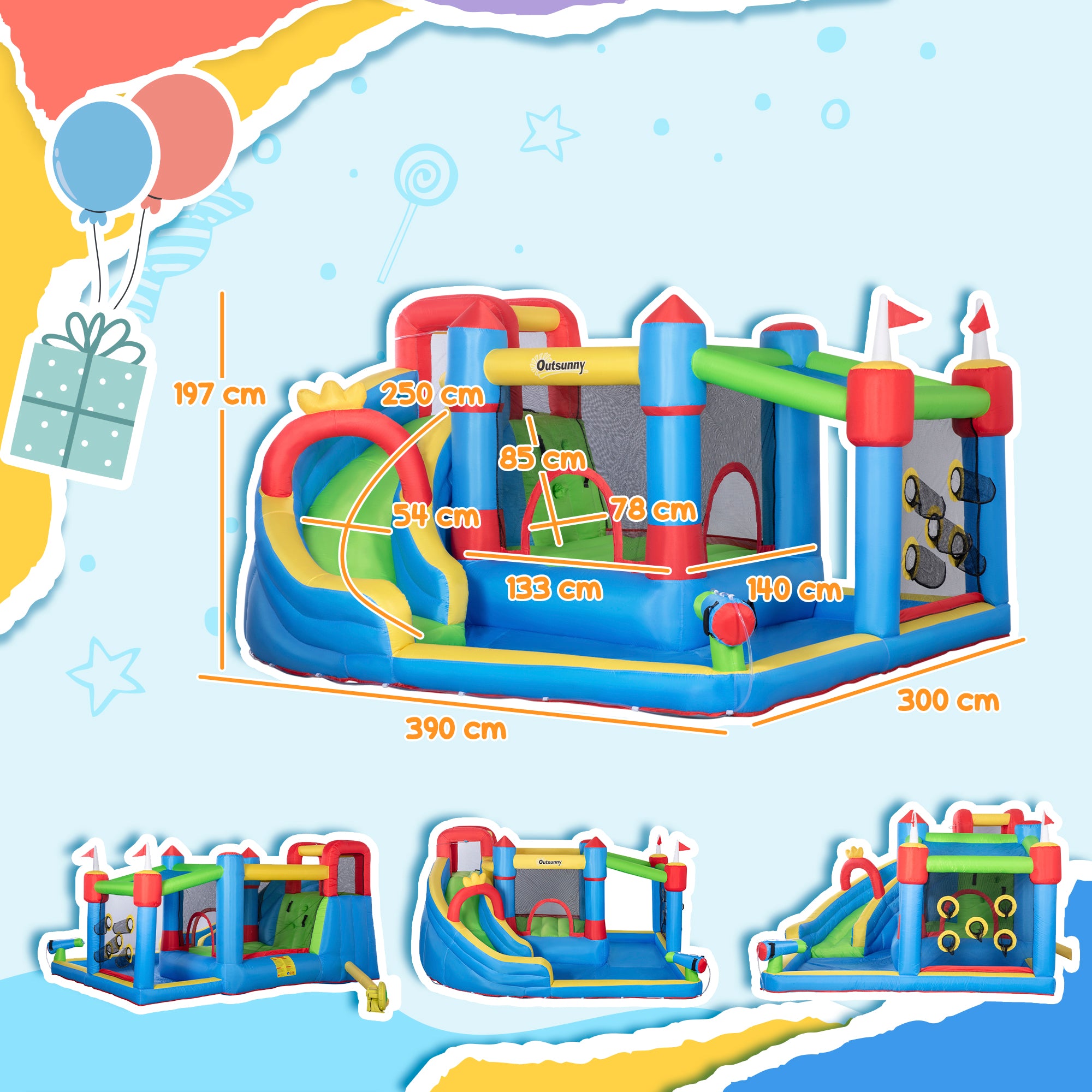 Outsunny Kids Inflatable Bouncy Castle Water Slide 6 in 1 Bounce House Jumping Castle Water Gun Climbing Wall with Air Blower for Age 3-8, 3.9 x 3 x 2m - North Peak Garden Furniture