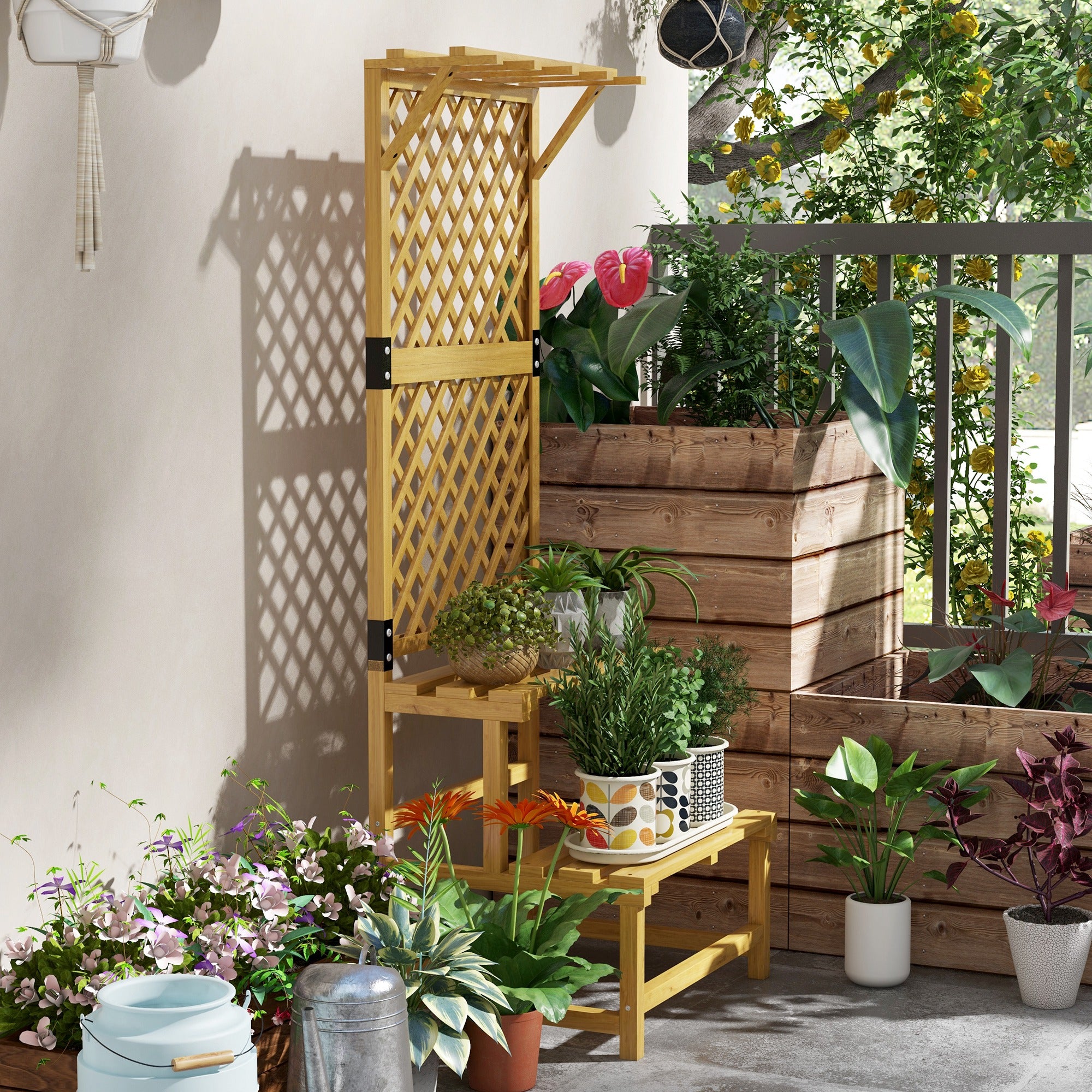 Outsunny Wooden Plant Stand with Trellis, Freestanding Raised Garden Bed for Climbing Plants, Planter Box to Grow Vegetables, Herbs and Flowers for Garden, Patio, Yellow - North Peak Garden Furniture