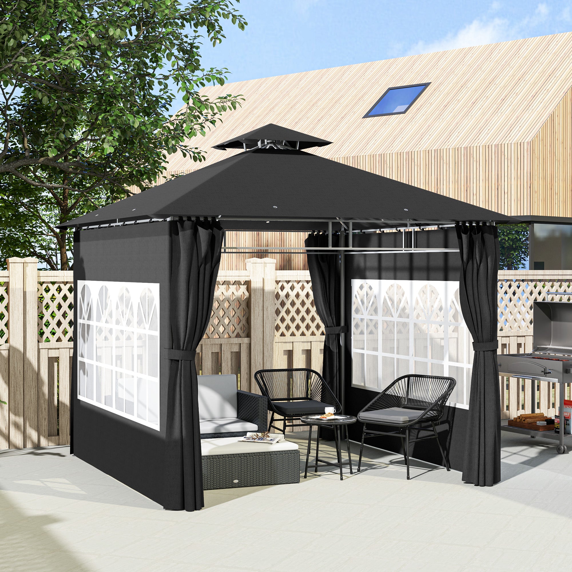 Outsunny 3 x 3 m Garden Gazebo, Double Roof Metal Gazebo with Removable Sidewalls and Church Windows, Outdoor Canopy Shelter, Black - North Peak Garden Furniture