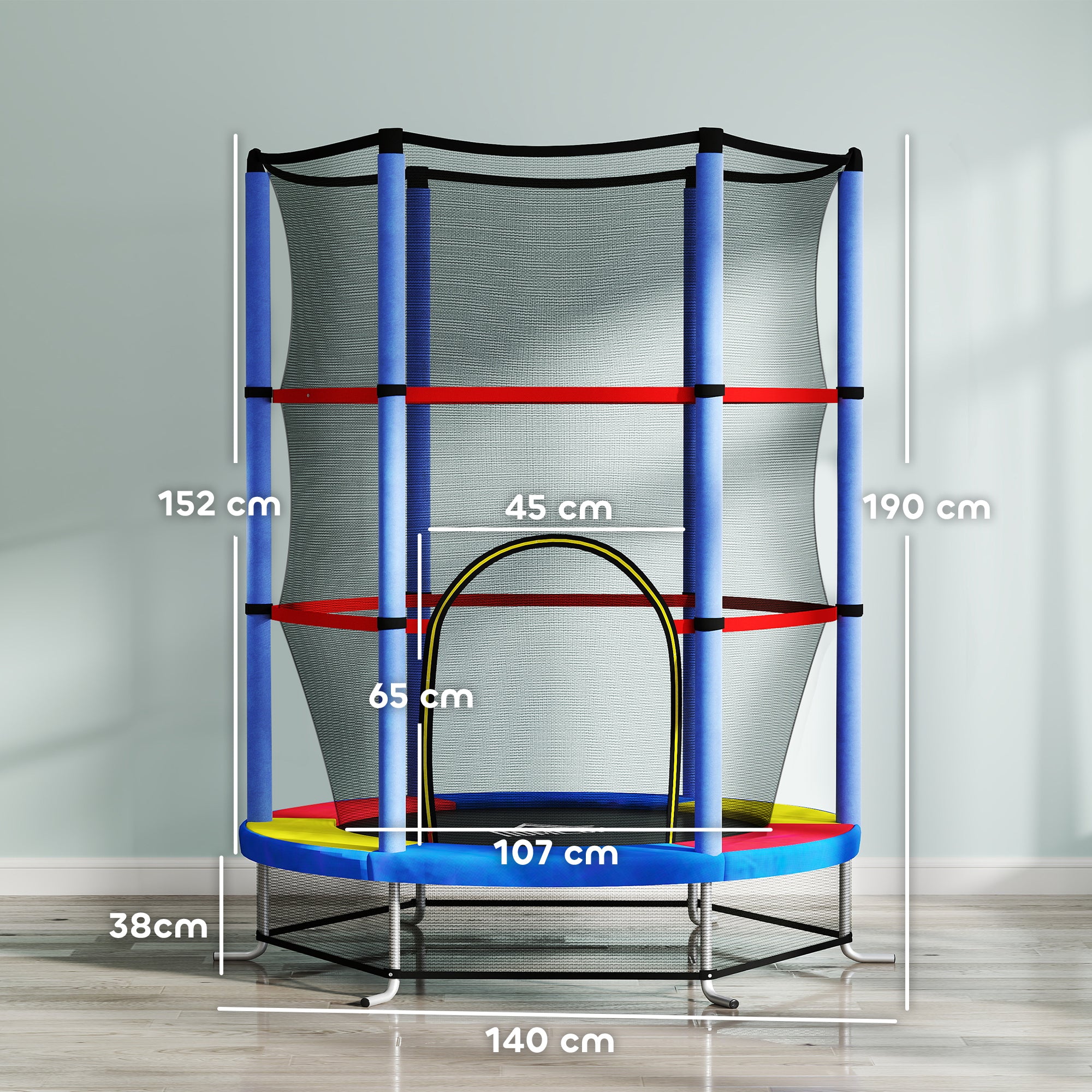 HOMCOM Kids Trampoline, with Enclosure Net, Steel Frame, for Ages 3-6 Years - MultiColoured - North Peak Garden Furniture