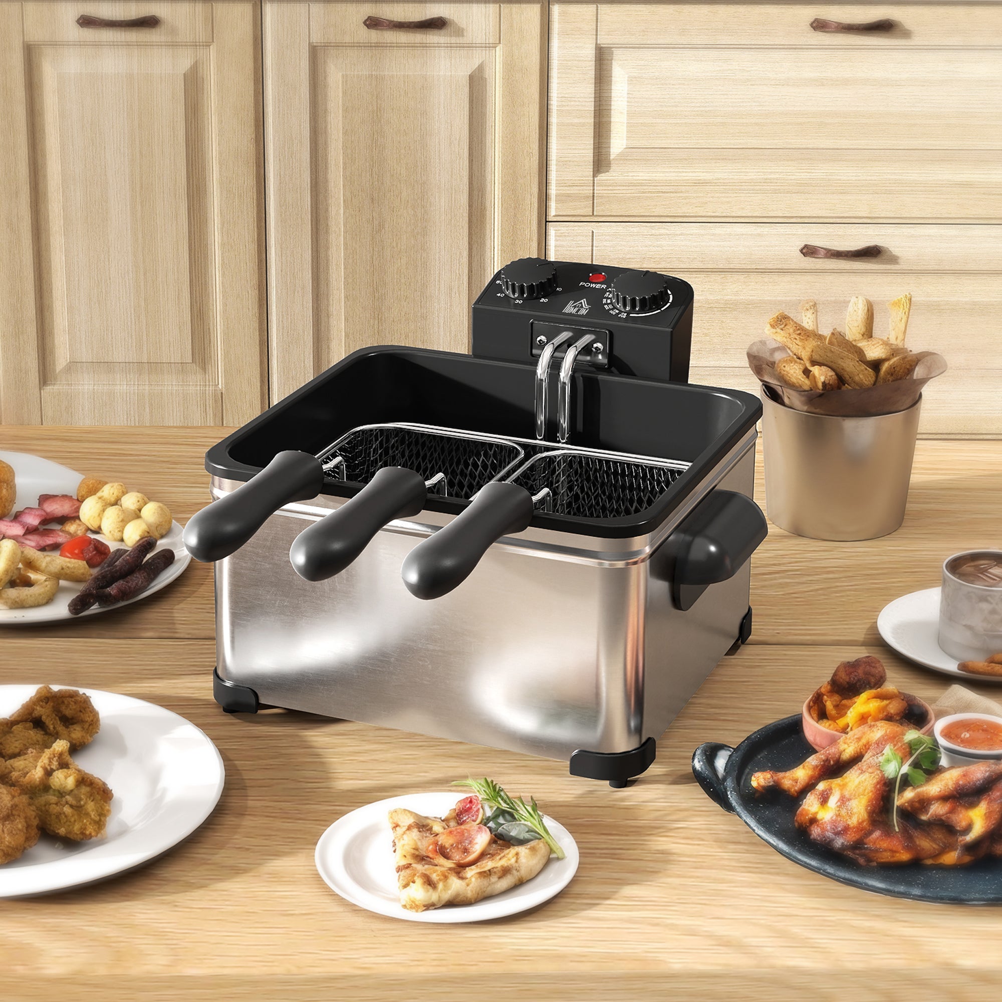 HOMCOM 5 Litre Deep Fat Fryer with Adjustable Temperature & Timer, 2000W Stainless Steel Deep Fryer with Removable Oil Basket and Viewing Window, for Chips Fried Chicken - North Peak Garden Furniture