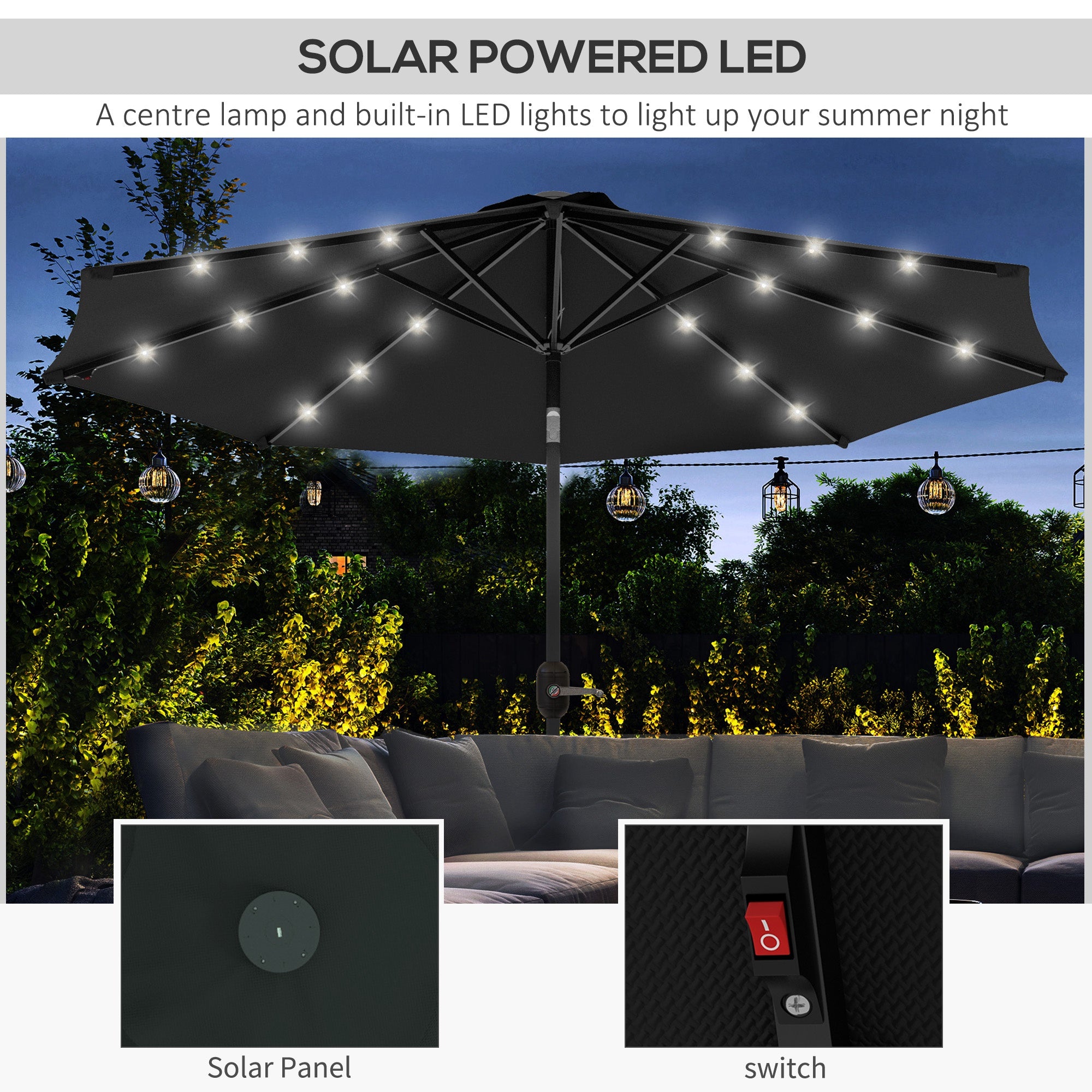 Outsunny 2.7m Outdoor Patio Garden Umbrella Parasol with Tilt Crank and 24 LEDs Lights, Black - North Peak Garden Furniture