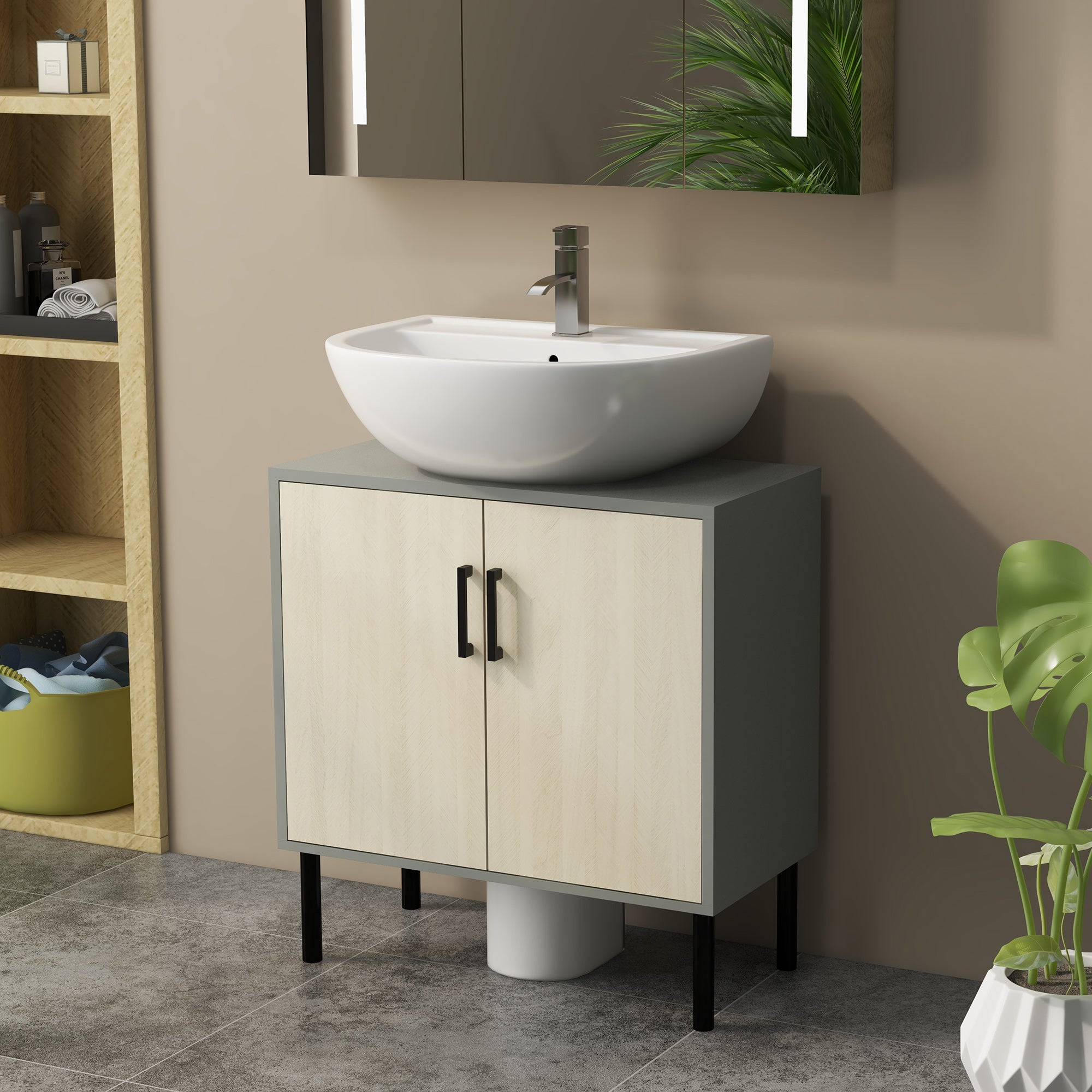 kleankin Under Sink Cabinet, Bathroom Vanity Unit, Storage Cupboard with Double Doors and Storage Shelves, 60x30x60cm, Natural - North Peak Garden Furniture